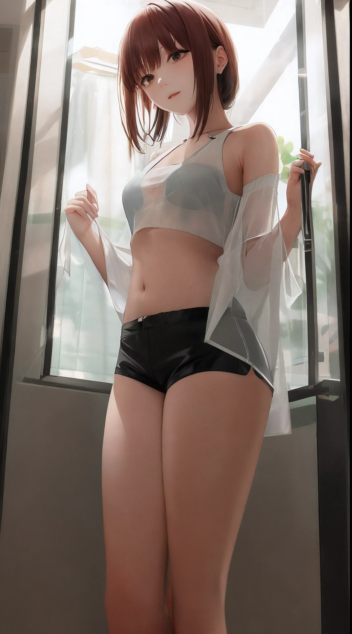 4k,Riman,Beautuful Women,Raised sexy,clothes see-through,Medium chest,,frontage,You can take off your clothes,cropped shoulders,Bare chest,enchanting,The pants are transparent,The top is transparent,Wear sheer shorts