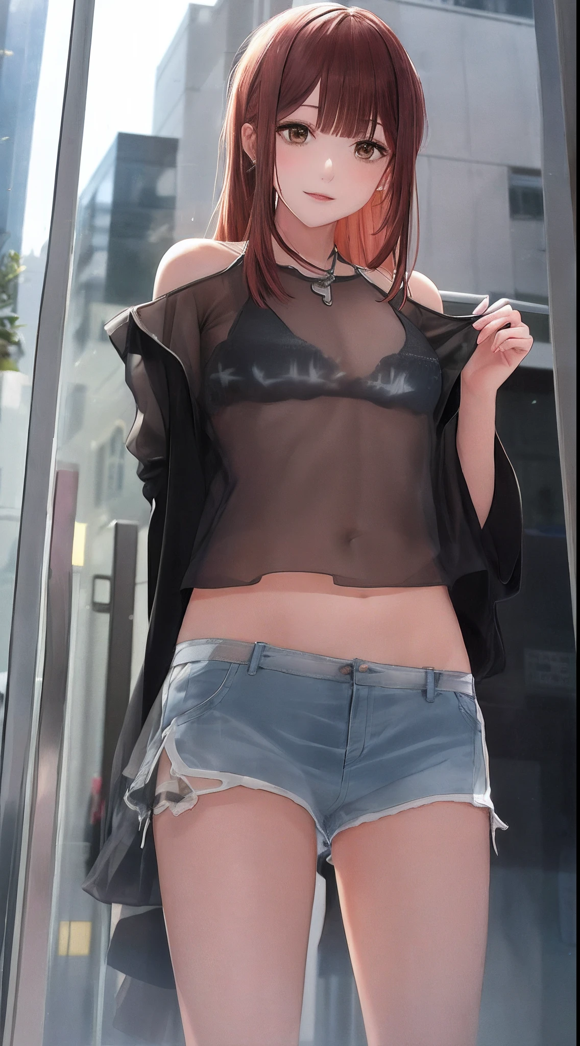 4k,Riman,Beautuful Women,Raised sexy,clothes see-through,Medium chest,,frontage,You can take off your clothes,cropped shoulders,Bare chest,enchanting,The pants are transparent,The top is transparent,Wear sheer shorts