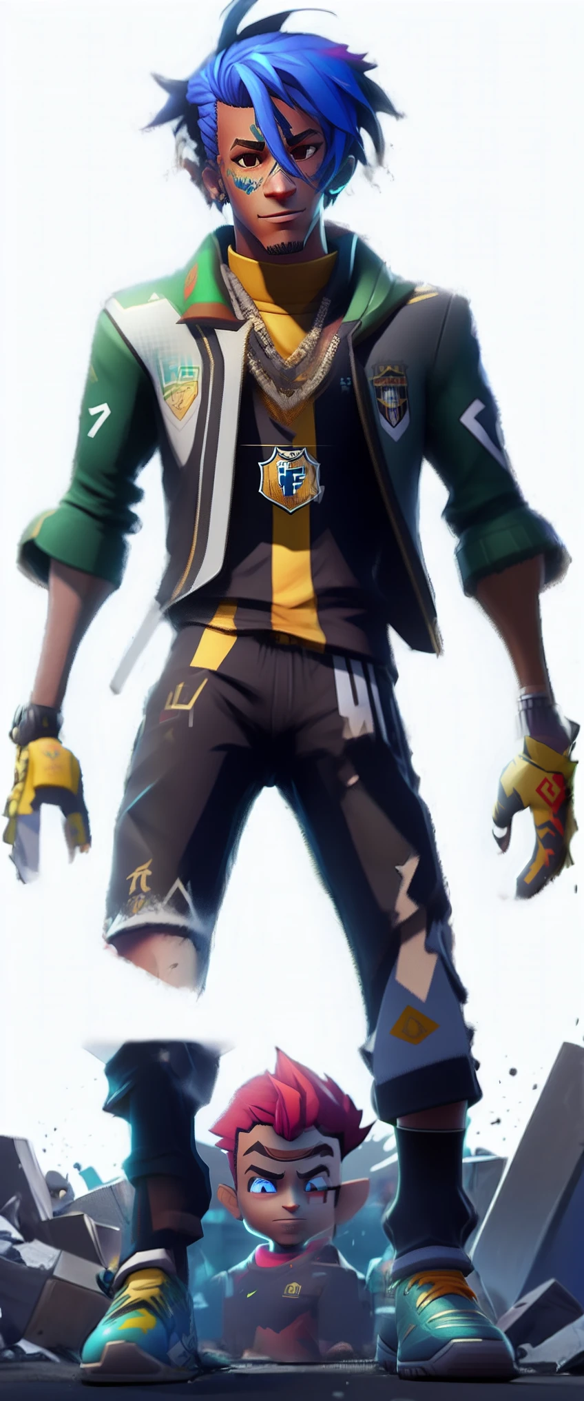 a cartoon picture of a man with blue hair and a yellow shirt, official character art, fortnite character, official art, as a fortnite character, official concept art, promotional art, 3 d render official art, key art, main character, video game character, fortnite skin, promo art, neymar in fortnite, name of the character is chad, character artwork, official artwork