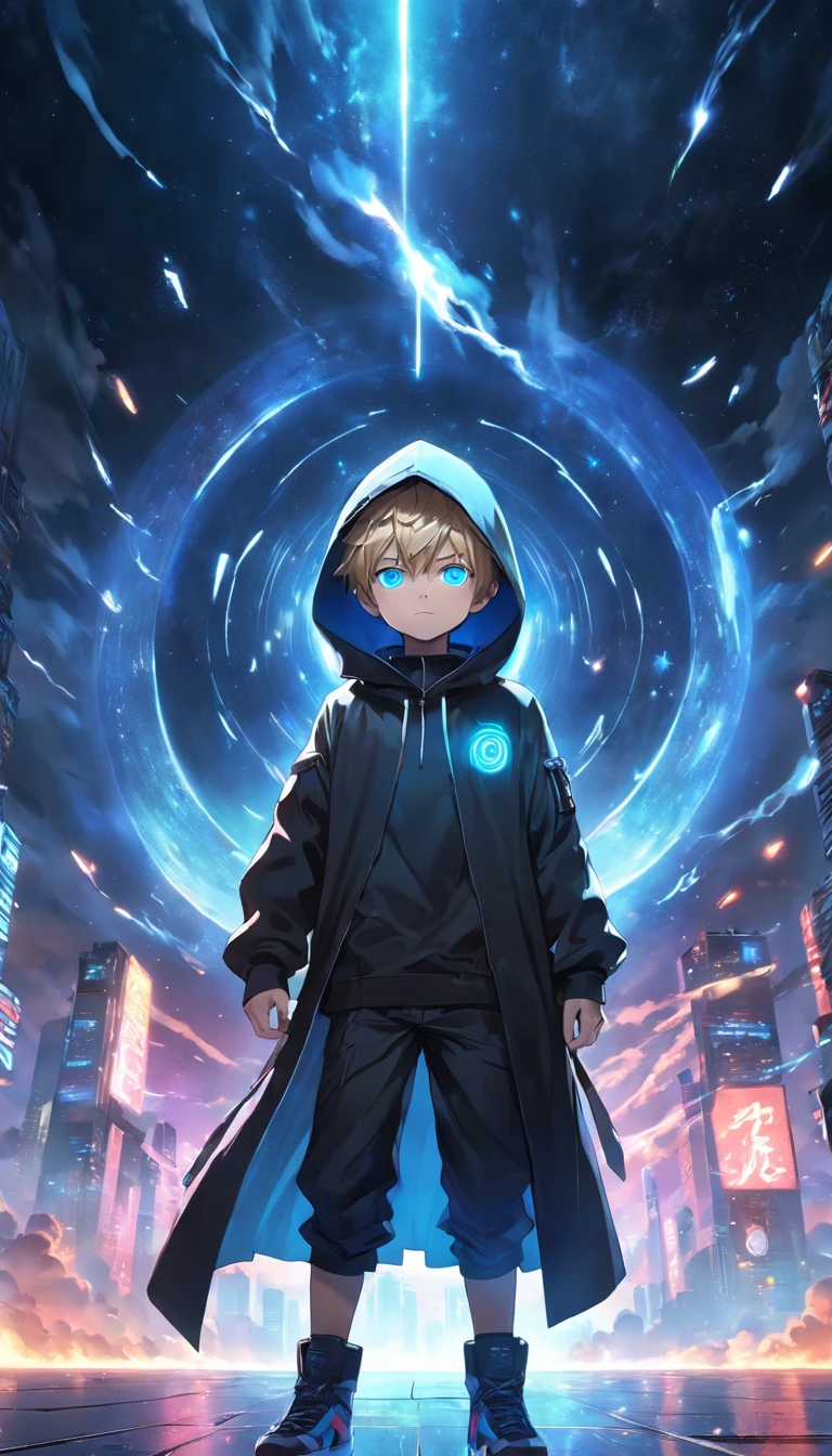 (A little boy with blue eyes in a black hood stands on a flashing complex space-time portal:1.5), (extremely detailed CG unity 16k wallpaper:1.1), (Denoising strength: 1.45), (tmasterpiece:1.37), (Full body posing:1.4:), whole-length, Dynamic angle, starry sky, lifelike texture, side lighting, (style of anime:1.5), Cute cute dark baby, glowing smoke neon eyes, fantasy, sparkle, glowing light, ray tracing, UHD