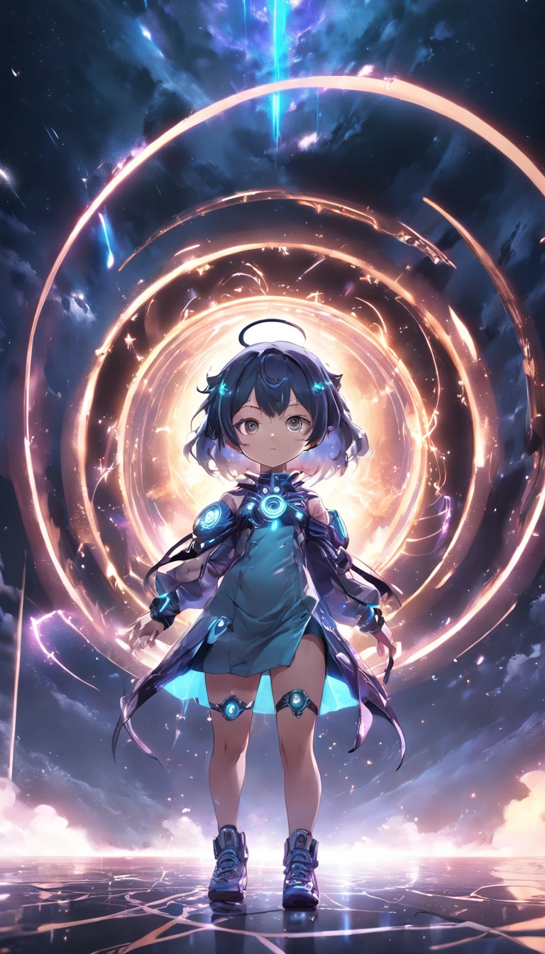 (Mechanical CyberNemesis;The shape of a ring standing on the ground;Flash complex space-time portals:1.5), (extremely detailed CG unity 16k wallpaper:1.1), (Denoising strength: 1.45), (tmasterpiece:1.37), (Full body posing:1.4:), whole-length, Dynamic angle, starry sky, lifelike texture, side lighting, (style of anime:1.5), e cute dark bablowing smoke neon eyes, fantasy, sparkle, glowing light, ray tracing, UHD