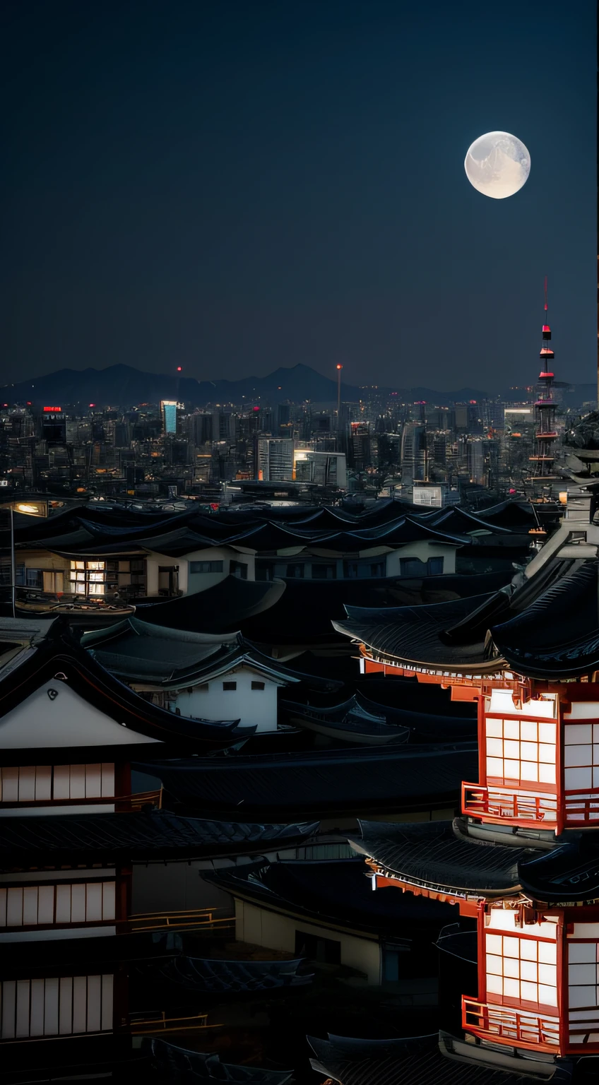 Moon over Japanese buildings, Foto, High quality