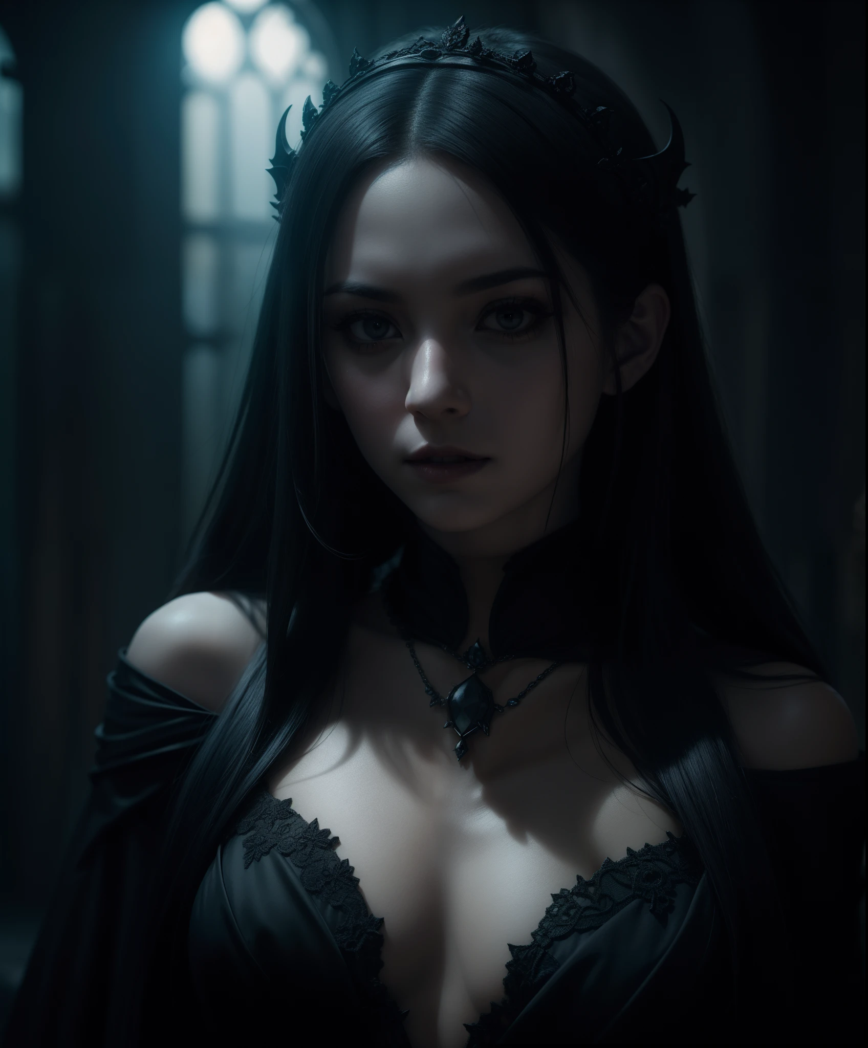 Vampire Queen, backlit, intricate details, highly detailed, slate atmosphere, cinematic, dimmed colors, dark shot, muted colors, film grain, lut, spooky, depth blur, blurry background dof, bokeh, realistic, realistic skin