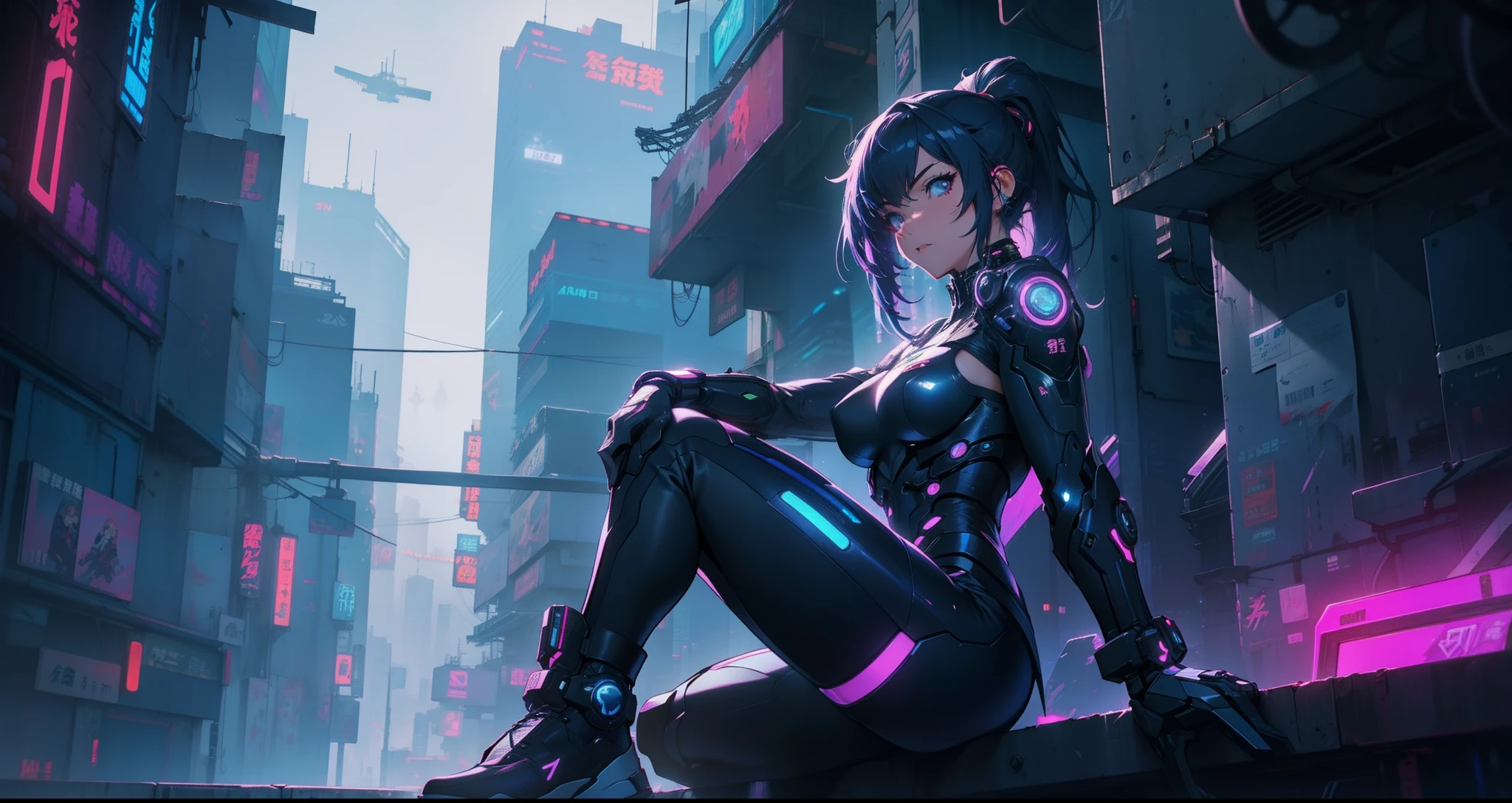 Cyber girl sitting on a city shelf at night。Cyberpunk anime art is、Envelop her as the digital world intersects。Modern cyberpunk art style illuminated by neon lights、It depicts the fusion of anime girls and mecha.。This cyberpunk-themed art is、Feels like a dreamy future。With a view of a cyberpunk city lined with skyscrapers、Her presence is enchanting,、It seems to be enveloped in mysterious magic。