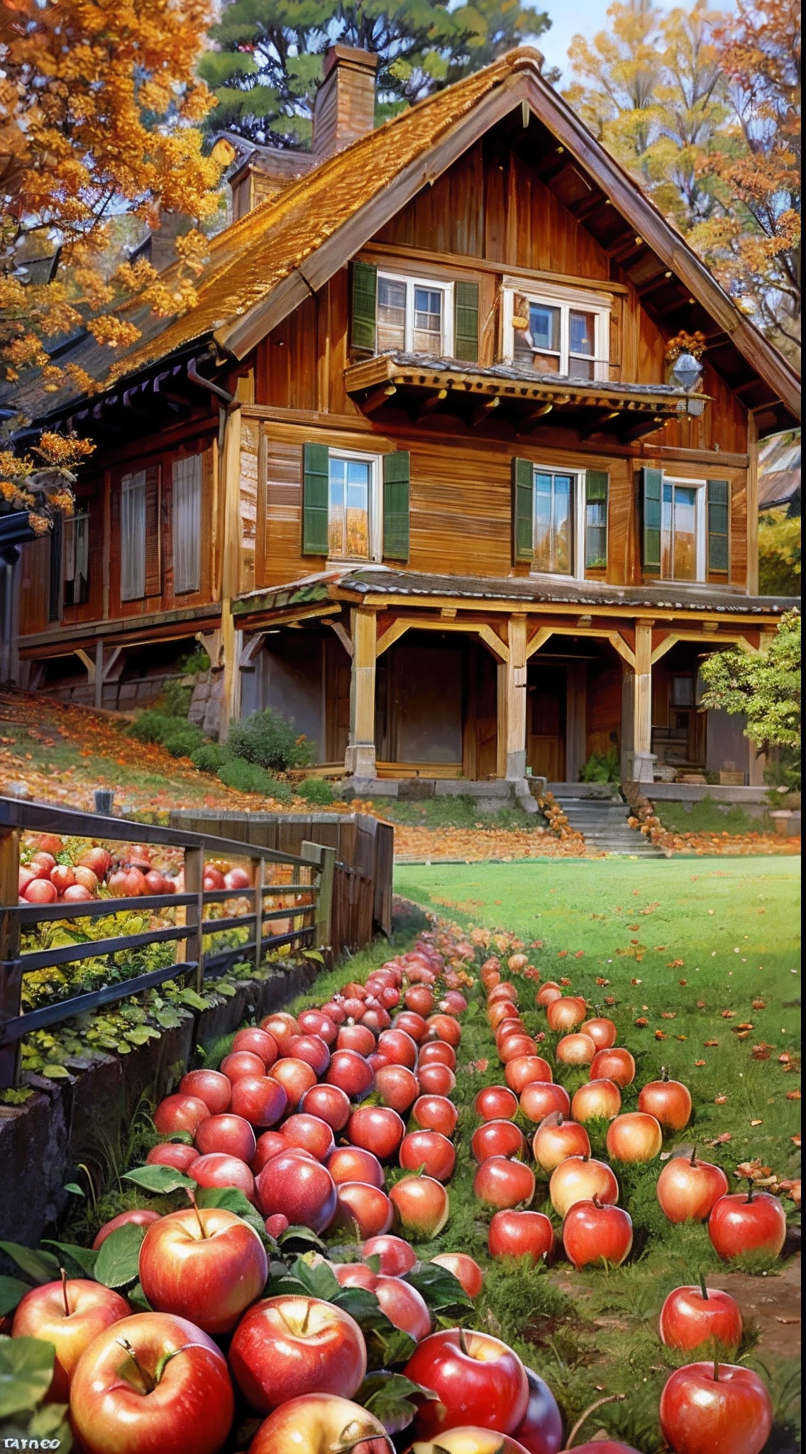 Faraway view，autumnal，Fairy tale style，Crystal World，It's beautiful，Many houses are made of red apples，The surrounding ground is covered with fruits of various colors，Lots of small animals，Take the fruit home，Higher saturation，the setting sun，