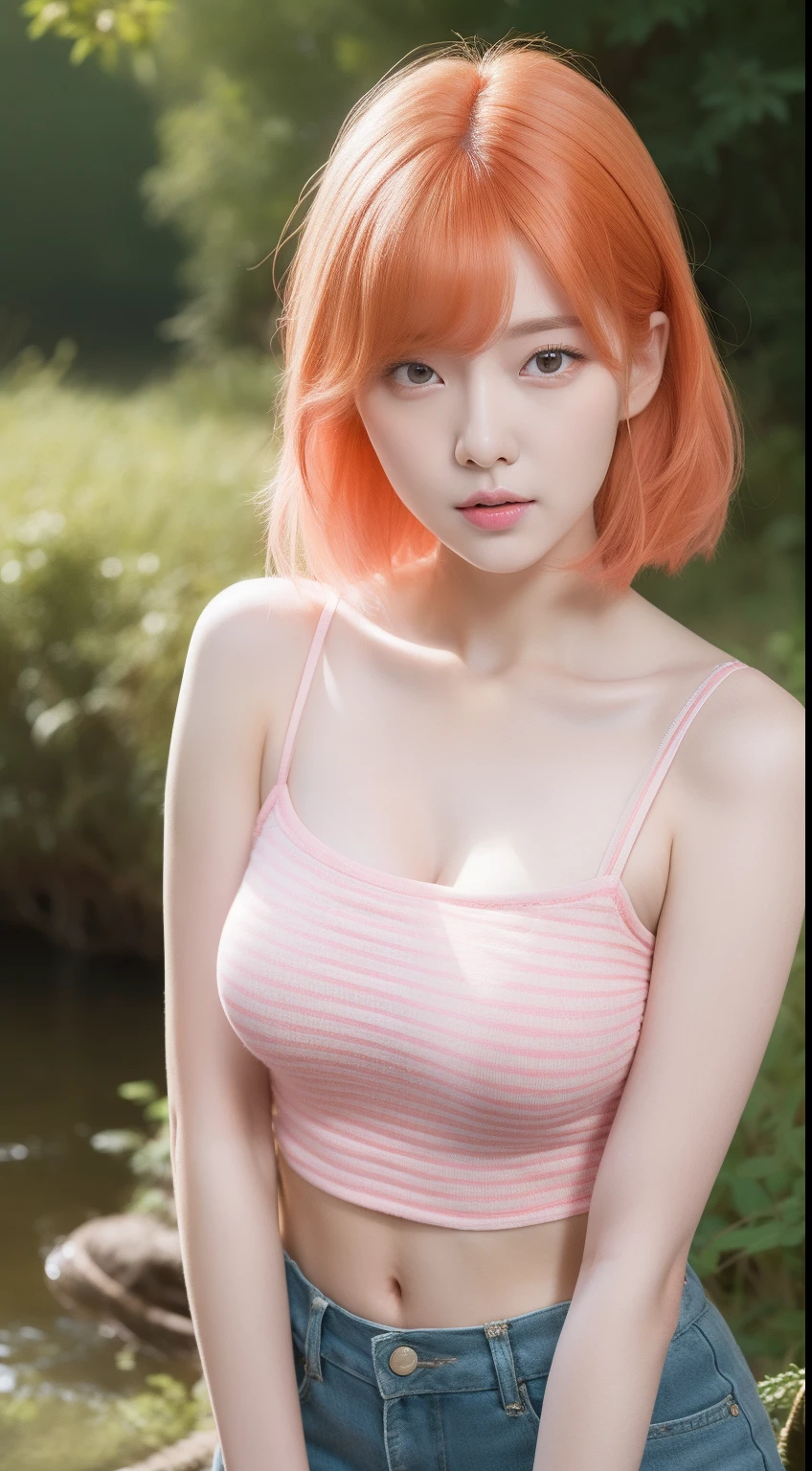 (8K, top-quality, masterpiece:1,2), (reallistic, Photorealsitic:1.37), Super Detail, One girl,), (Highly detailed), (beautifully detailed eyes), (of the highest quality), (super detailed ), (masterpiece), (Detailed face),20yr old, ,1 girl, full body, pink hair,Very short hair, medium breasts, clothed, Perfect Lighting, pussy and breast focus, looking at viewer, aroused face, naughty face, BREAK (highly saturated (orange, tangerine) and green theme:1.4), (tone on tone:1.3), (wearing tangerine [[crochet]] hat:1.4), (green ribbon:1.4), (sleeveless (orange:1.1) and (white:0.7) [polka dot pattern] sundress:1.4), (bare shoulders:1.3), (suspenders with ruffles:1.2), (green belt with ribbon:1.3), (orange tiered skirt with ruffles:1.3), (platform HIGH boots:1.1), (green ribbon on head:1.3), BREAK (fishnet stockings:1.3), (earrings shape of mandarin oranges:1.2), singing, standing