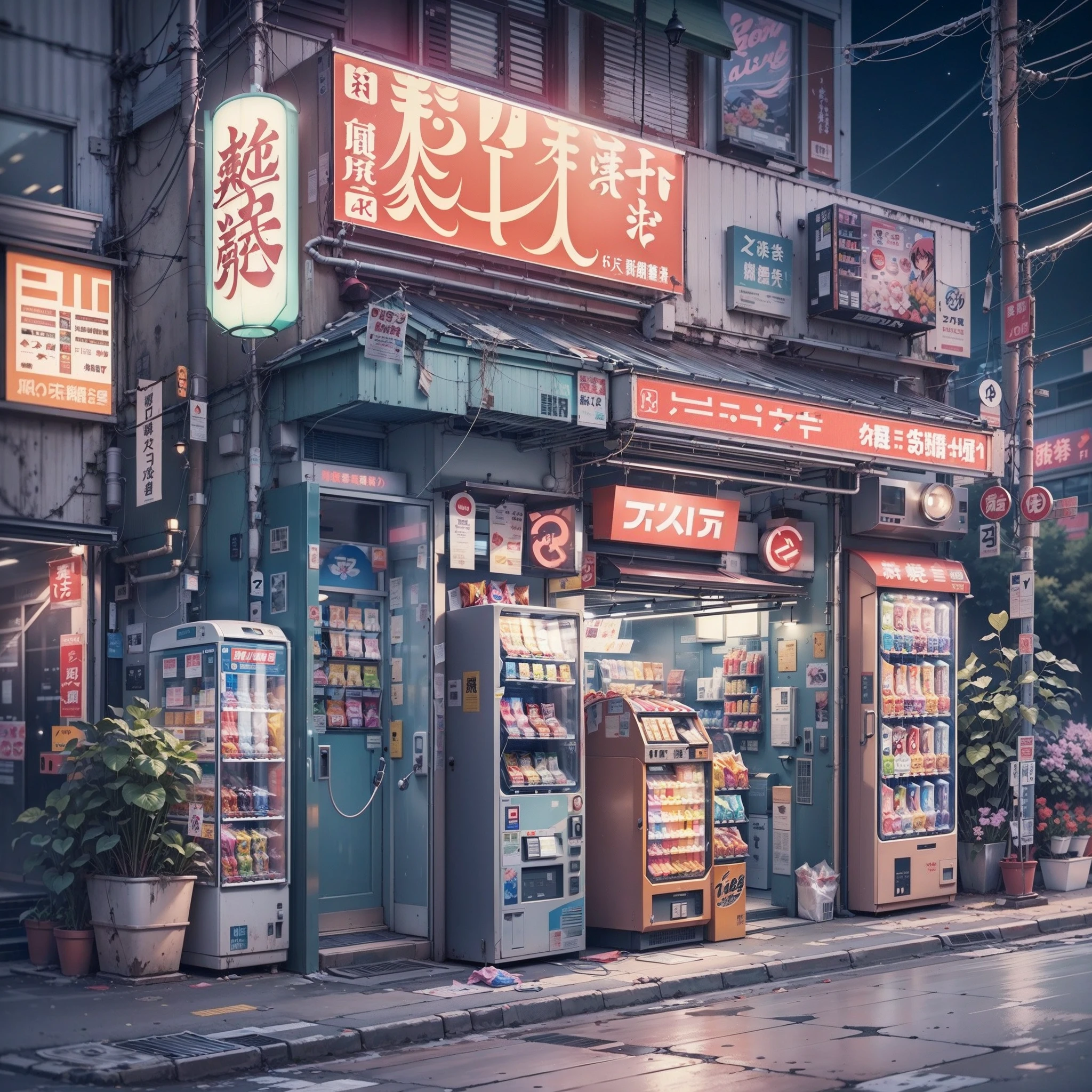 Anime background, empty, modern compact Japanese downtown street. anime, anime style. vending machines, trash cans, plant pots, drains, air vents, gutters, pipes, wires, big Japanese shop signs, retro Japanese shop banners. (no one :1), no one in sight. night time. best quality.