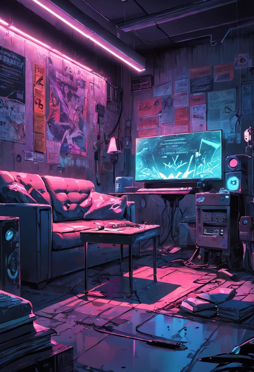 graphic novel illustration, In the cyberpunk basement, Cyberpunk era, Dark and underground, Poor neon lighting. It has a battered leather sofa and a table, Um usa o laptop. Grafite cyberpunk e cartaz de banda punk na parede, dystopic, Illuminations, em 5.2, Style reputation, ar 16:9, Efeito vidro quebrado, sem antecedentes, atordoante, algo que nem existe, Wonderful presence, energia, molecular, Texturing, Cores iridescentes e escamas brilhantes, breathtaking beauty, pure perfection, Divine Presence, unforgettable, impressionante, breathtaking beauty, light volumetric, tem clivagem, raios, Reflexos de cores vivas