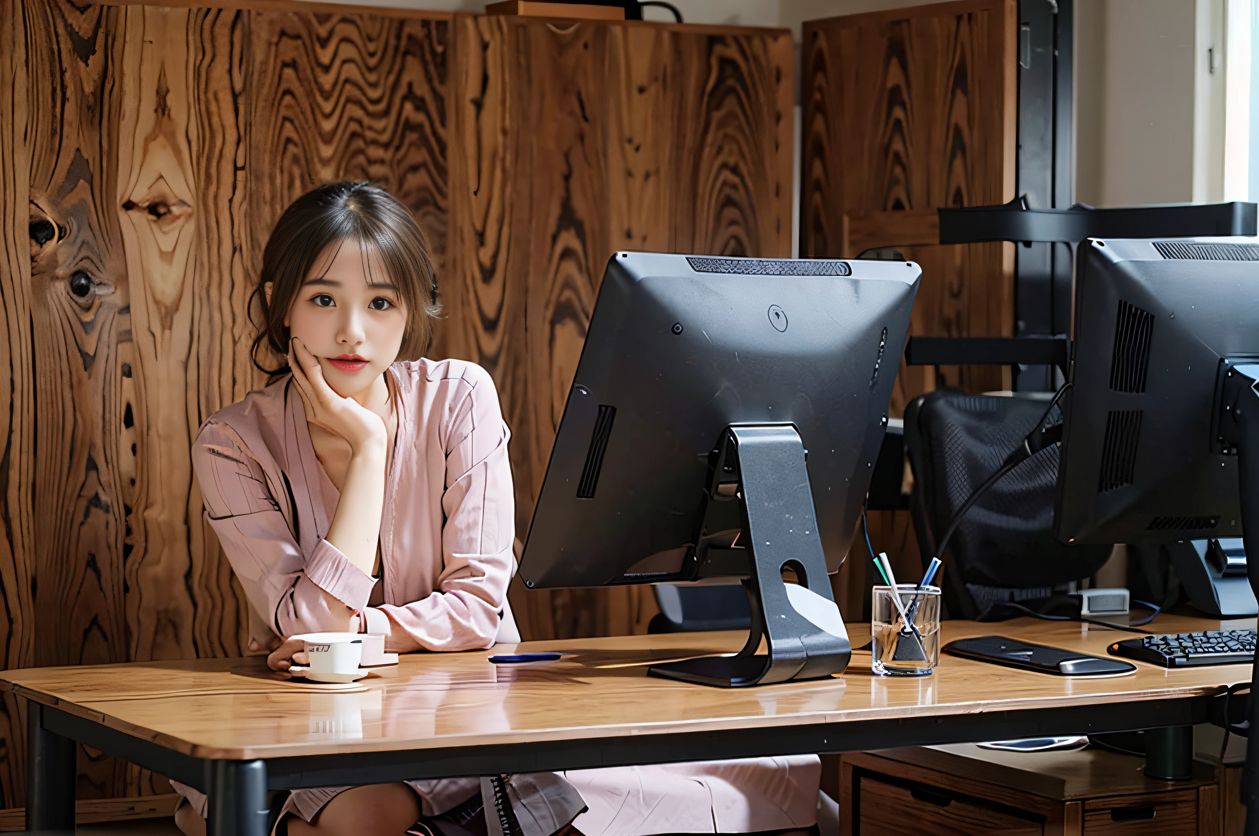 there is a woman sitting on a desk with a computer, In front of a computer, sitting in front of computer, sitting in front of a computer, sitting at a computer desk, looking at monitor, sitting at the desk, sitting in office, young business woman, elegant look, Sitting at a desk, Engaging pose, sleek design, interesting background