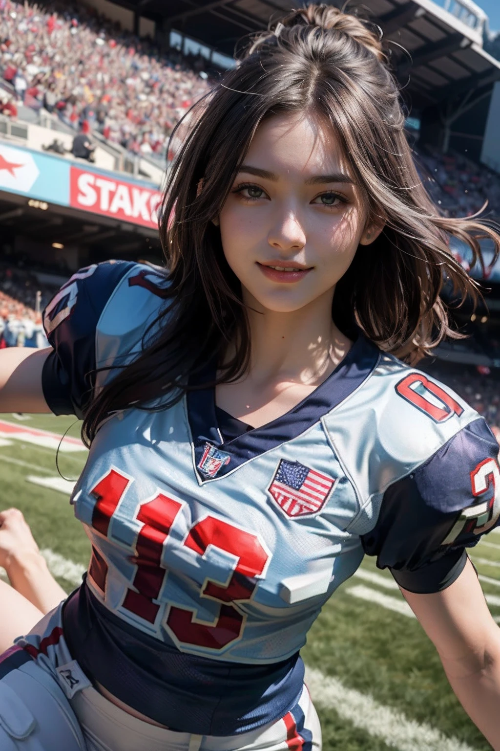 (8K, Raw photo, top-quality, masterpiece: 1.2), masterpiece, super detailing, Ultra-high decomposition energy A, (Realistic and realistic photos: 1.37), high-definition RAW color photography, Very delicate and beautiful., About Igree, 8K Wallpaper, astonishing, detaileds, extremely detailed eye, highlydetailed skin, extremely detailed fingers, highly detailed nose, highly detail mouth, perfect anatomia,1girl in, (Sexy American Football Uniforms), a miniskirt,large full breasts,A slender,Toned buttocks,Stockings,Keep one's mouth shut、Smile happily、length hair、Braids、largeeyes、Distinct double eyelids、Eye lashes、long neck、Absolute area、Clean collarbone、face perfect、thin lips、a small face、(Gaze towards the viewer、Highlights in the eyes、Light brown eyes、Gloss on lips) , (american football stadium:1.4) jewely, Cute smile,Short hair, Solo, 18year old、hposing Gravure Idol, Perfect Lighting,dynamic ungle, (Intense tackles:1.6),American football game,