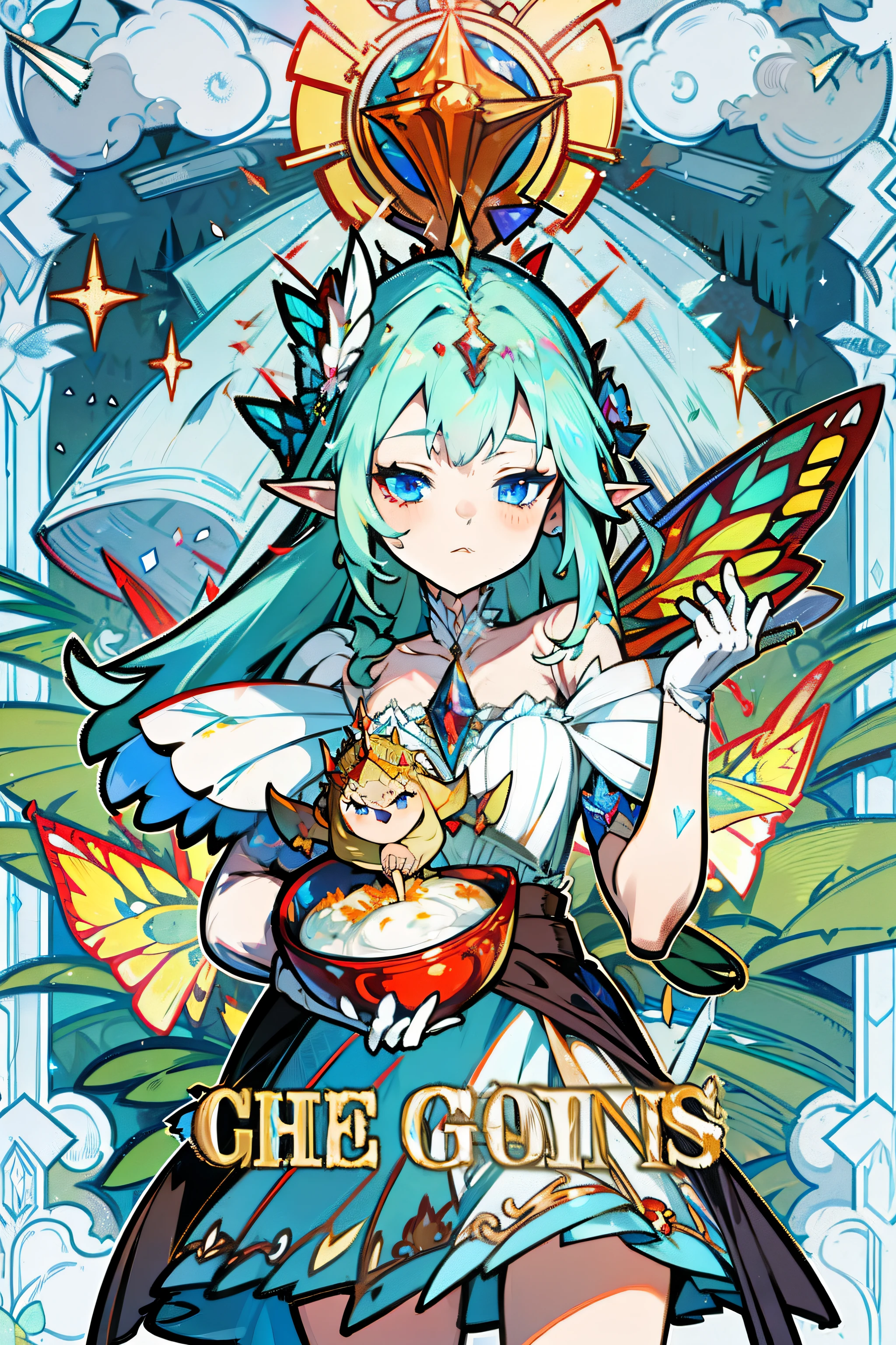 A princess,King of Goblins,butterflys,magia,fairy tale atmosphere,Fairy,Dignified,ellegance,White gloves,Blue eyes,Parasol in his right hand,Grass-colored parasols,long skirt,Wine