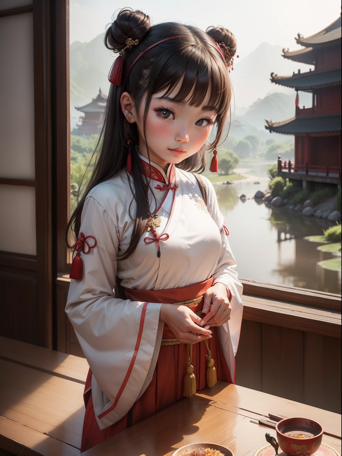 cute female child,Young woman,Ancient wind,exposing her chest,Playful and cute,Wearing Hanfu,Kneel down your legs,超高分辨率,Soft light,Off-bshoulders。