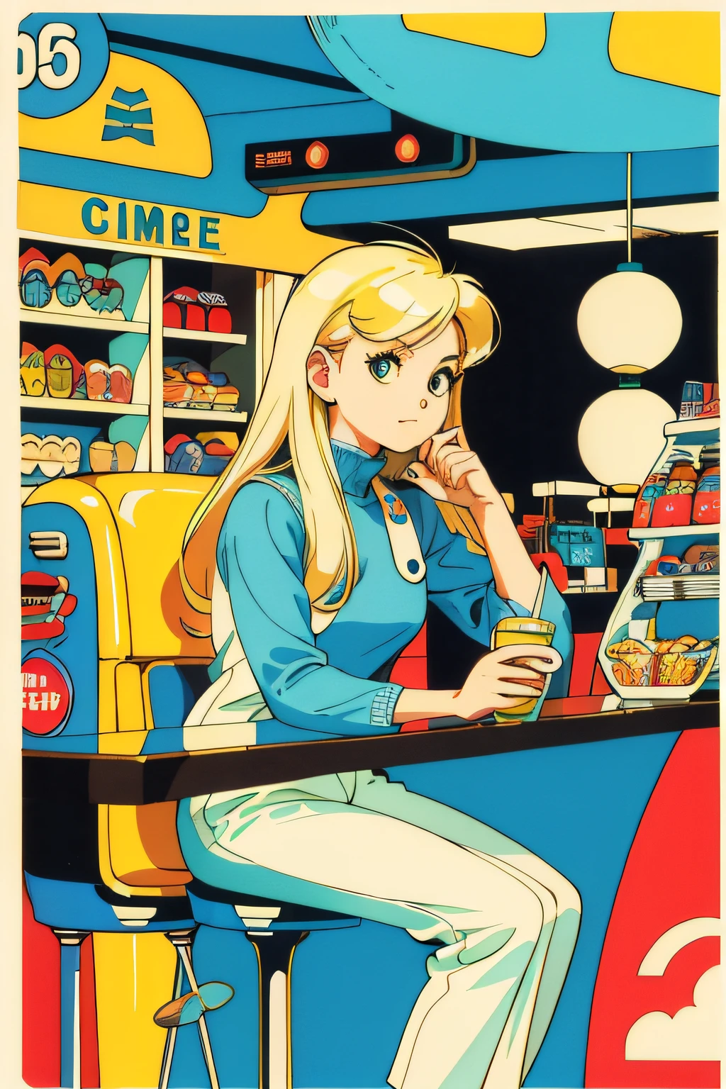 high-level image quality、ultra - detailed、A blonde girl、Cozy vintage futuristic candy and soda shop、analogue style、retro effect、Retro、pop-art、poster for