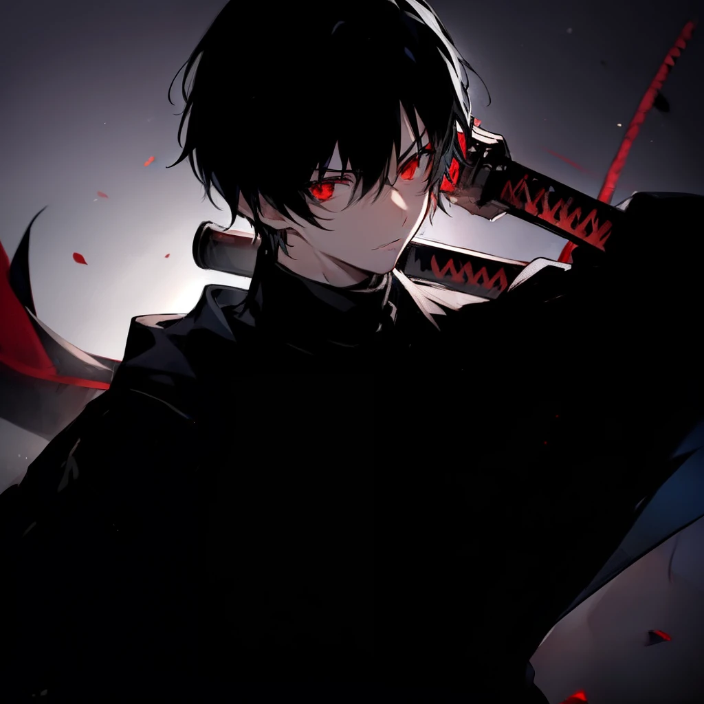 1 boy, black hair,  red eyes, katana on back