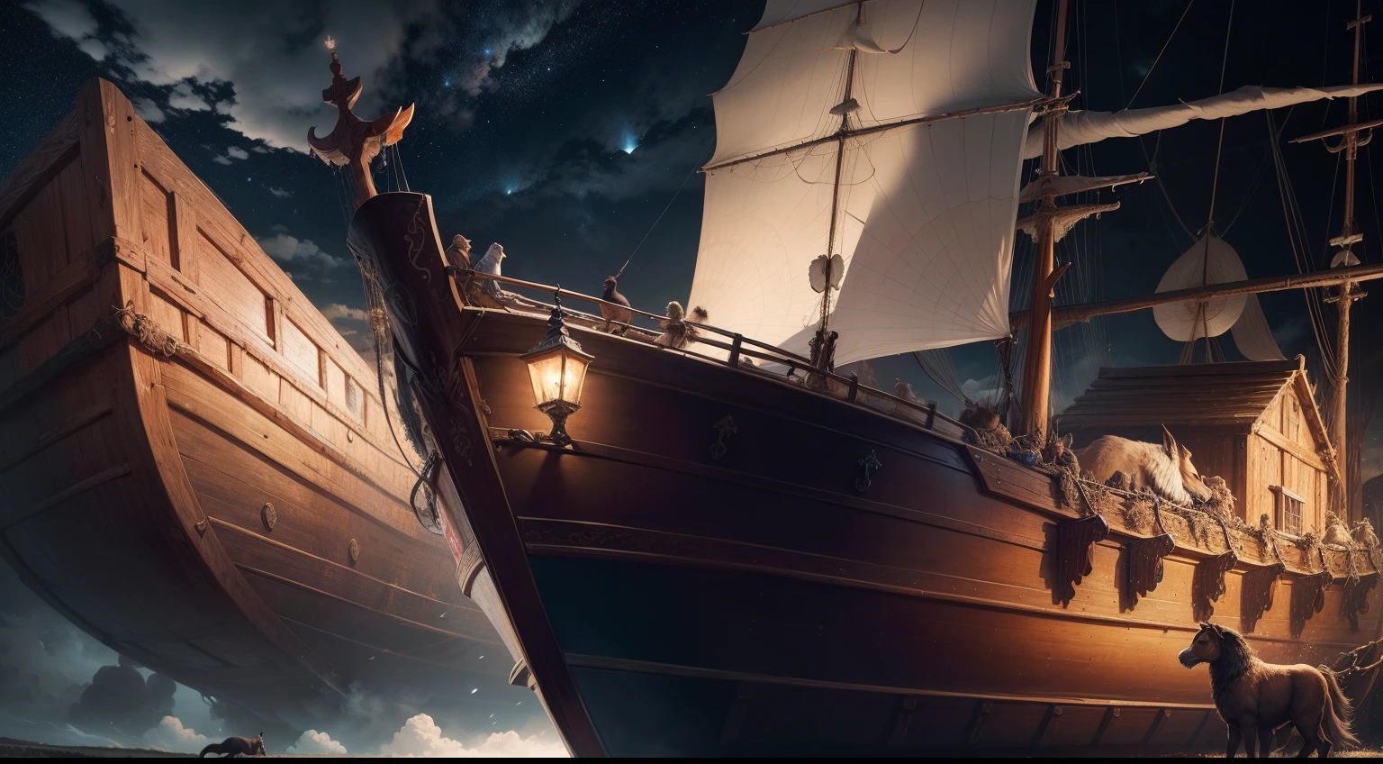 closeup on Noah next to the ark, Dark sky and many animals around the ark, ultrarrealista | |