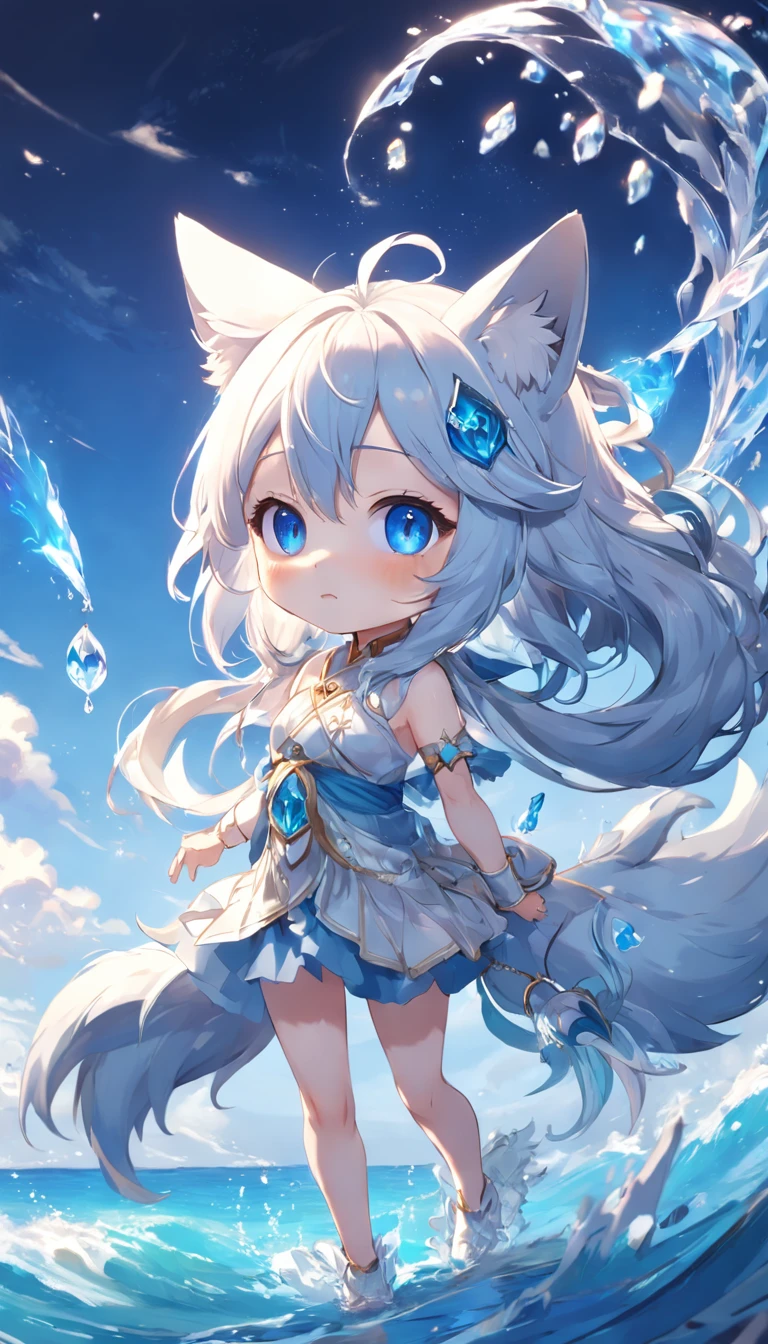{{masterpiece}}, {Extremely gorgeous magic style}, blue sea, blue sky, crystal orb, beautiful detailed water, beautiful detailed sky, fluttered detailed splashs, fantasy, highlights, solo, {{{detailed anime cat, anime eyes, detailed fox ears, cute, furry, mascot, Chibi, {dragon tail}, wings, white jewelry on head, blue skin}}}, (extremely detailed CG unity 16k wallpaper:1.1), (Denoising strength: 1.45), (tmasterpiece:1.37), (Full body posing:1.4:), whole-length, Dynamic angle, starry sky, lifelike texture, side lighting, (style of anime:1.5), glowing smoke neon eyes, fantasy, anime style, sparkle, glowing light, ray tracing, UHD