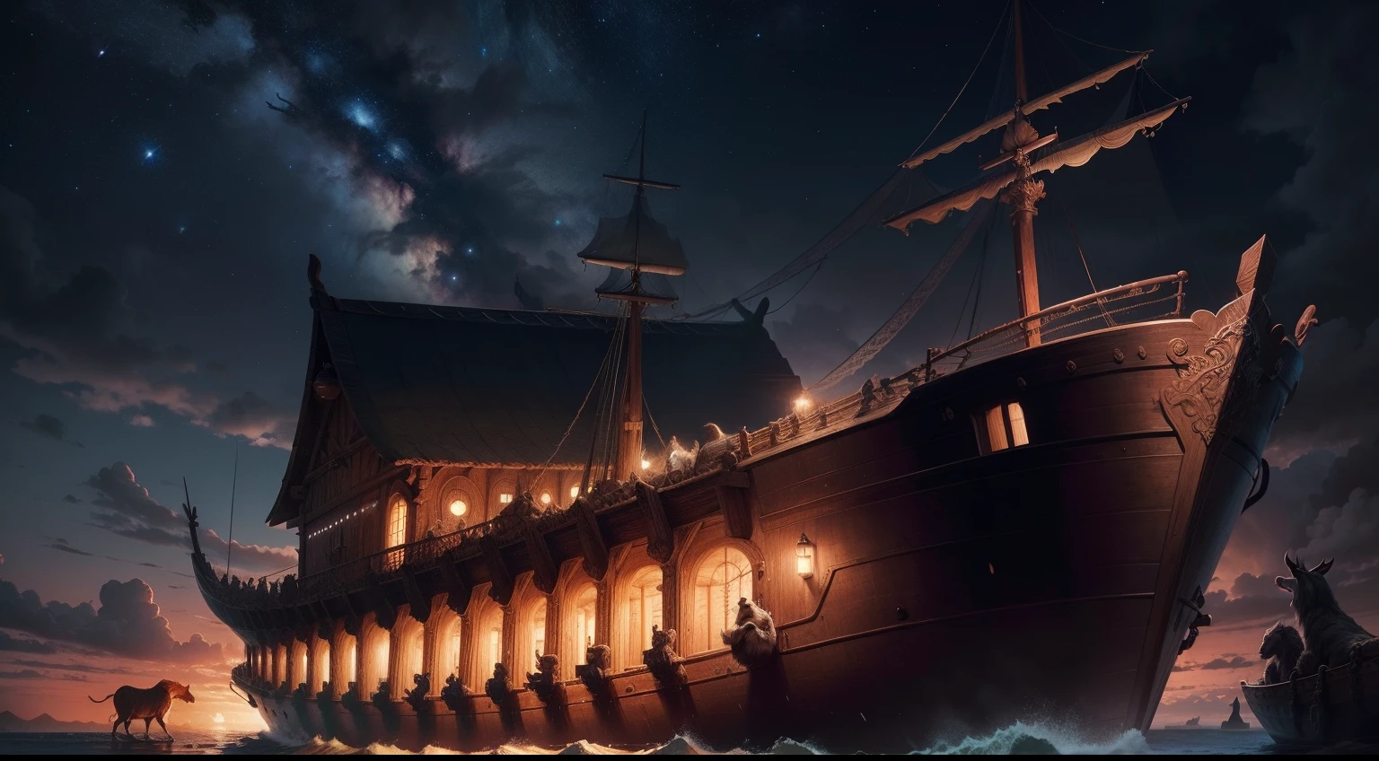 closeup on Noah next to the ark, Dark sky and many animals around the ark, ultrarrealista | |