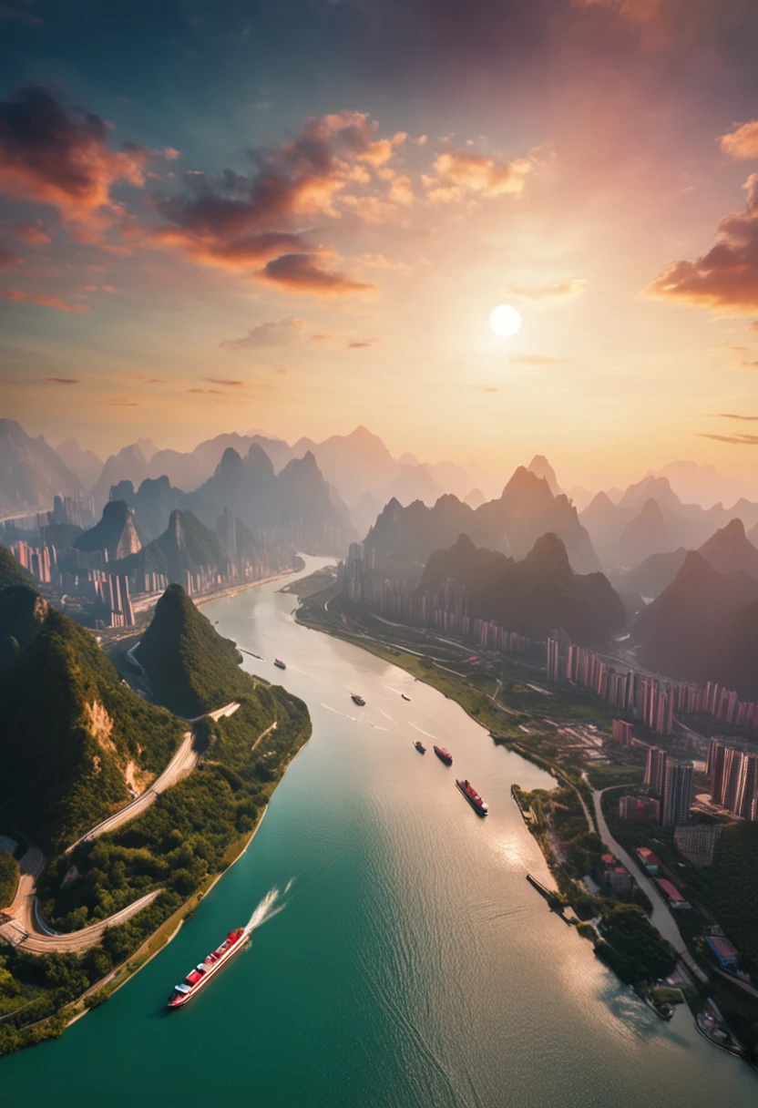 The curved Yangtze River,aerial shot,Golden,k hd,Overlooking