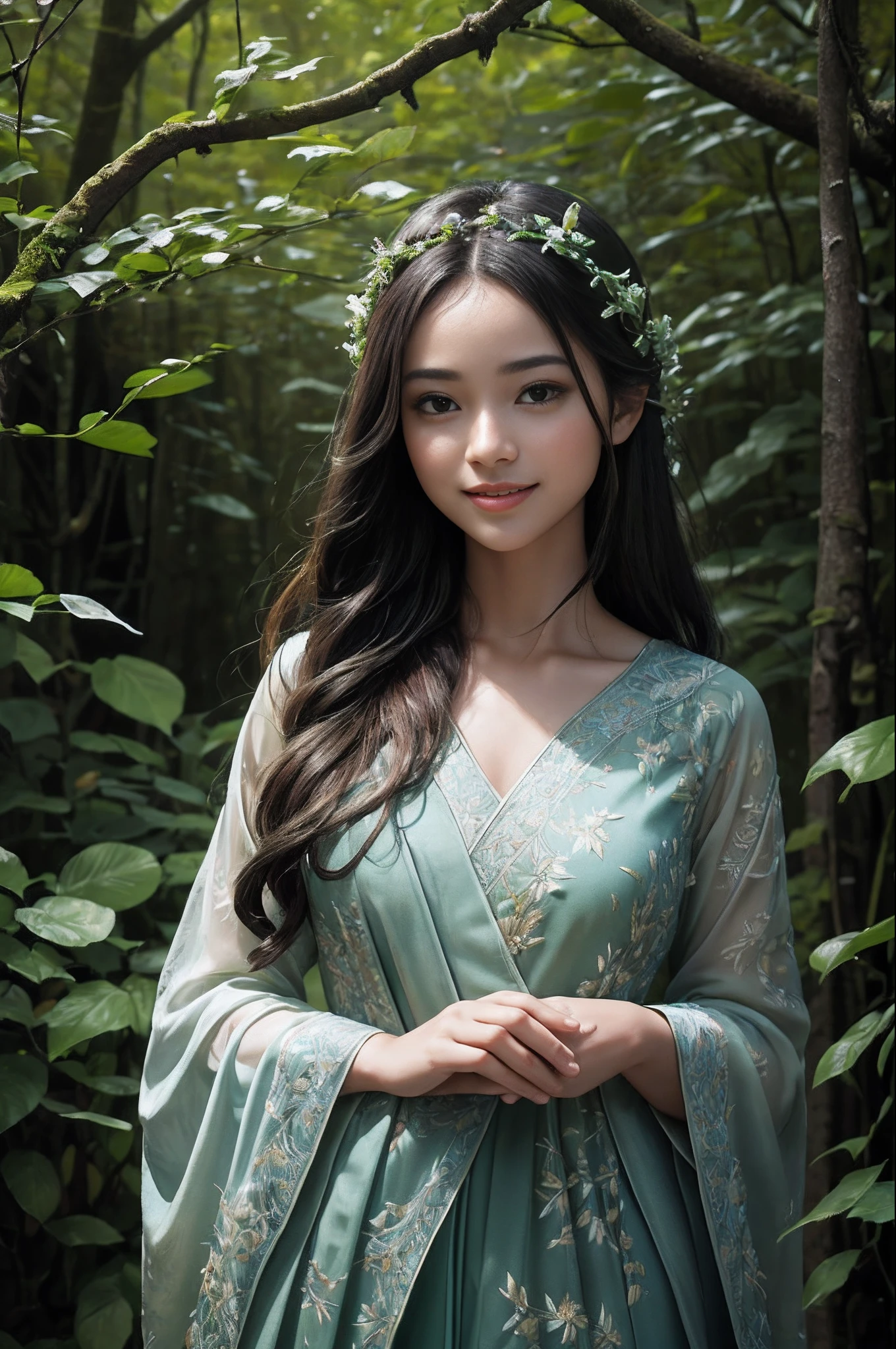 of the highest natural beauty, masterpiece of the wilderness, Ultra High Resolution like the tiniest dewdrops on a leaf, (Photorealistic: 1.4), Untouched snapshot of the night sky, Ebony locks resembling a raven's feathers, Skin as glossy as fresh morning dew, 1 Enchanted Nymph, (superbly realistic features)), Full blossoming form, Universal Radiance, Harmony of light and shadow, Forest Canopy Rendering, 8K, ultrasharp like the thorns of a rose, Revealed bosom like a blooming flower, Unprocessed earthy texture, Organic elements, Elaborate foliage patterns, Nature's intricate designs, Sunlight painted by the hand of Mother Nature herself, Trends in Natural Artistry, Gazing towards the horizon, Bioluminescent details, Organic limbs that blend seamlessly with the forest, Rivers of life running through vines, Natural backbone connected to the ancient tree, Leafy cervical attachment to the trunk, Vines and roots intertwining with the spirit, Tiny firefly lanterns illuminating the path, Silver threads of moonlight, Eyes as round and deep as forest pools, Magnificent iris resembling a kaleidoscope of colors, Joyful smile that lights up the forest, Summer attire woven from petals, Enchantress of the woodland, Dynamic presence like the wind through the trees.