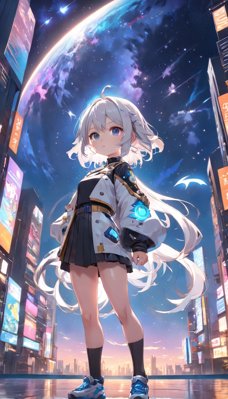 (extremely detailed CG unity 16k wallpaper:1.1), (Denoising strength: 1.45), (tmasterpiece:1.37), (Full body posing:1.4:), whole-length, Dynamic angle, starry sky, lifelike texture, side lighting, (style of anime:1.5), (best illuminate, best shadow), (best illustration), dynamic angle, (chibi:1.15), thick outline, chibi, (1girl:1.2), detailed eyes, white hair, detailed face, crop top, frilled sleeves, pleated skirt, fishnet thighhighs, Volumetric Lighting, (outline), (messy cyberpunk room:1.1), window, colourful, neon trim, cyberpunk city, High saturation, clouds and stars sky, Galaxy, ((citylight)), cowboy shot, sparkle, glowing light, ray tracing, (best quality), masterpiece, UHD