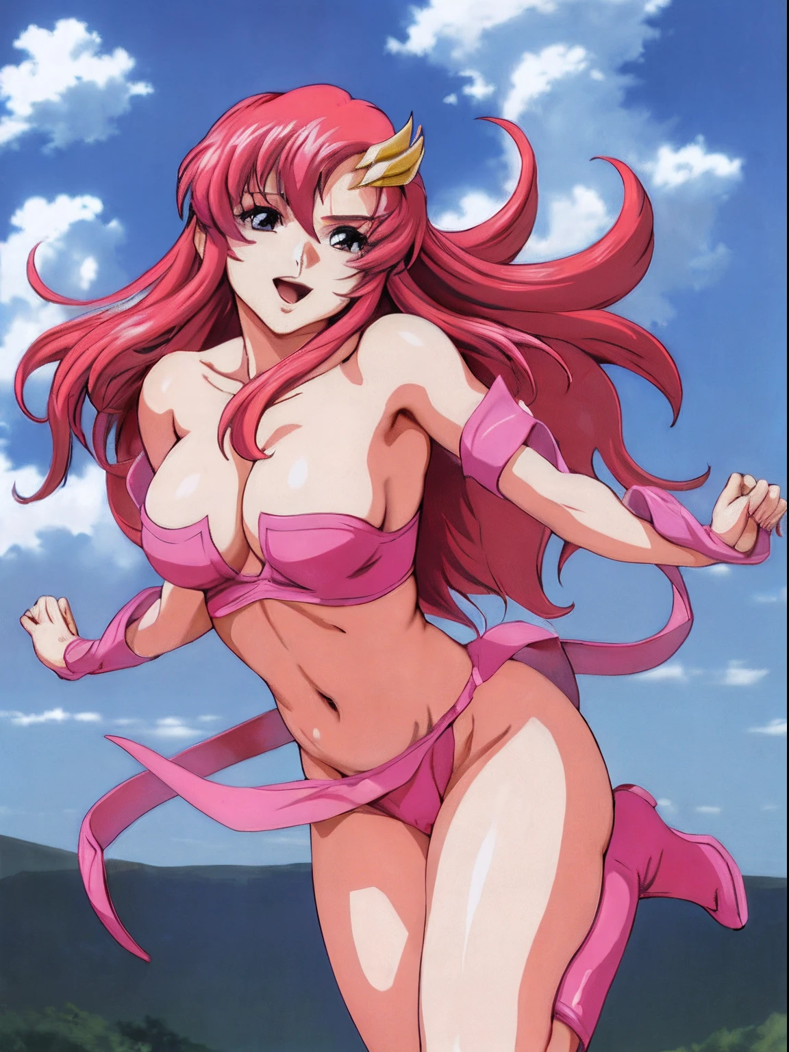 (masterpiece, 4K, Best Quality, Anime style: 1.9, bold drawing lines, High color saturation, Detailed face, tall, Adult Woman, lovely, (cloud background), Drawing lines, high resolution, Anime, lacus4), 1girl in, Solo, curvy figure, Long hair, 鎖骨, scapular, Wavy Hair, Detailed wide hair bangs, Hair Ornament, Detailed reddish-pink hair, cleavage, large hands, Big blue eyes, Smile, closed mouth, Very happy, ((closed fists)), (laughing, open mouth), ((medium breasts)), ((pink strapless wrestling attire), (pink wrestling long boots), bare thighs, strong arms, biceps, rib lines, ((lean forward)), legs, standing, (hands on hips), happy, bare shoulders, (navel, belly button, bare thighs, exposed navel, groin)