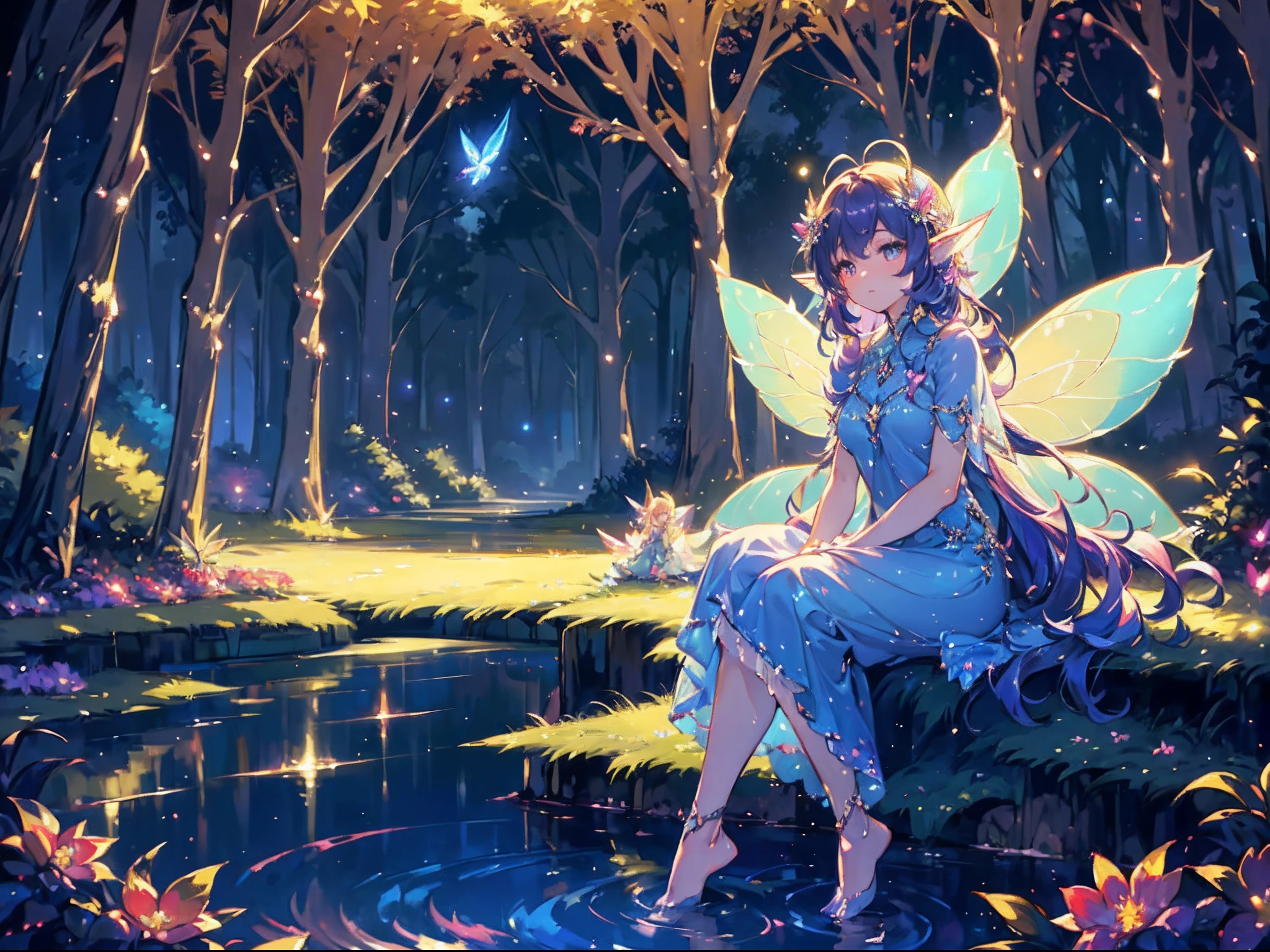 Oil painting:1.4, Impressionist, Sitting by a deep forest fountain in the Mysterious moonlight, feet immersed in water A girl, Beautiful face and brightly colored shining eyes. (Wearing big fairy wings of night effect:1.5) 。She wears an intricate and delicate lace dress. Fantastic deep forest lakeside decorated with flowers. Floral. Reflections. Vivid colors. High image quality.