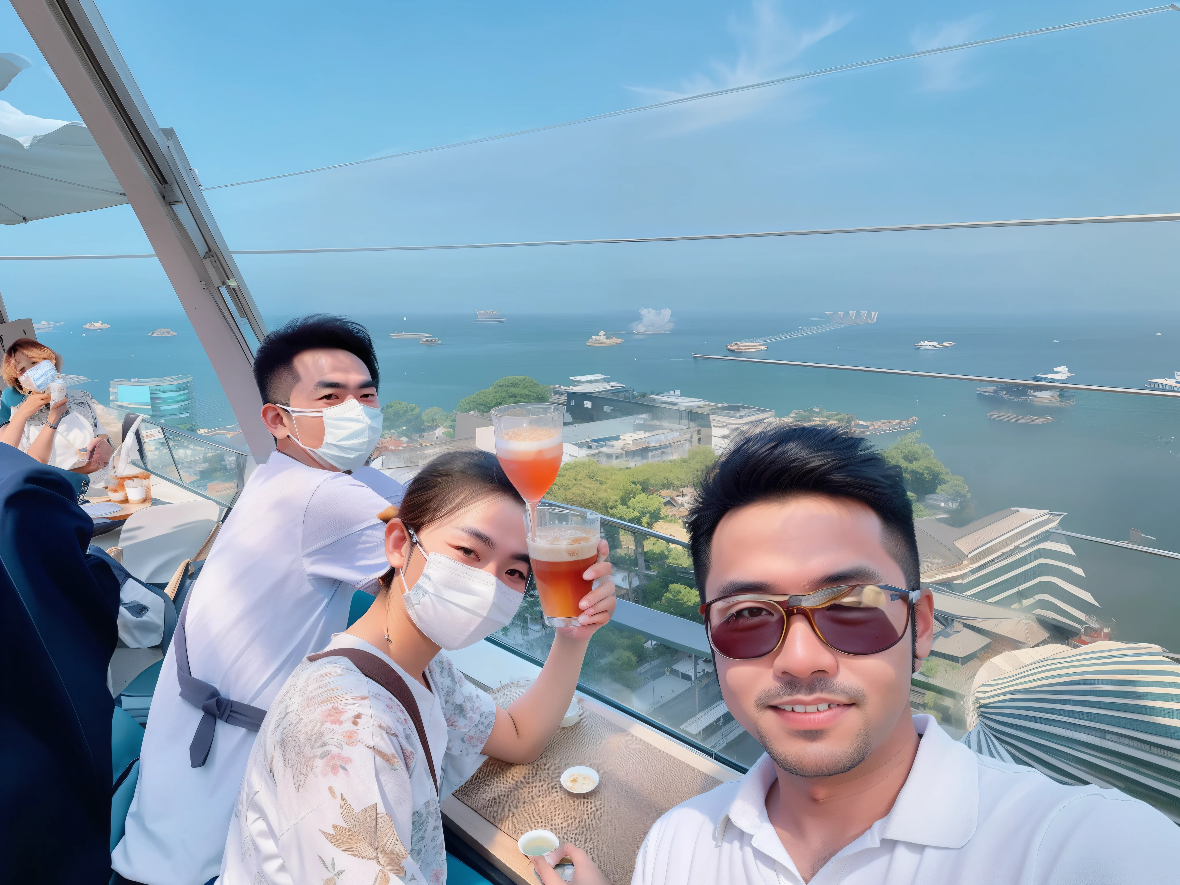 araffe sitting at a table with a mask on and drinking a beverage, with sunset, chill time. good view, haze over the shoulder shot, cafe in the clouds, instagram post, wearing facemask, at the terrace, during sunset, in a sunset haze, thawan duchanee, sitting in a cafe alone, sunset mood, on rooftop
