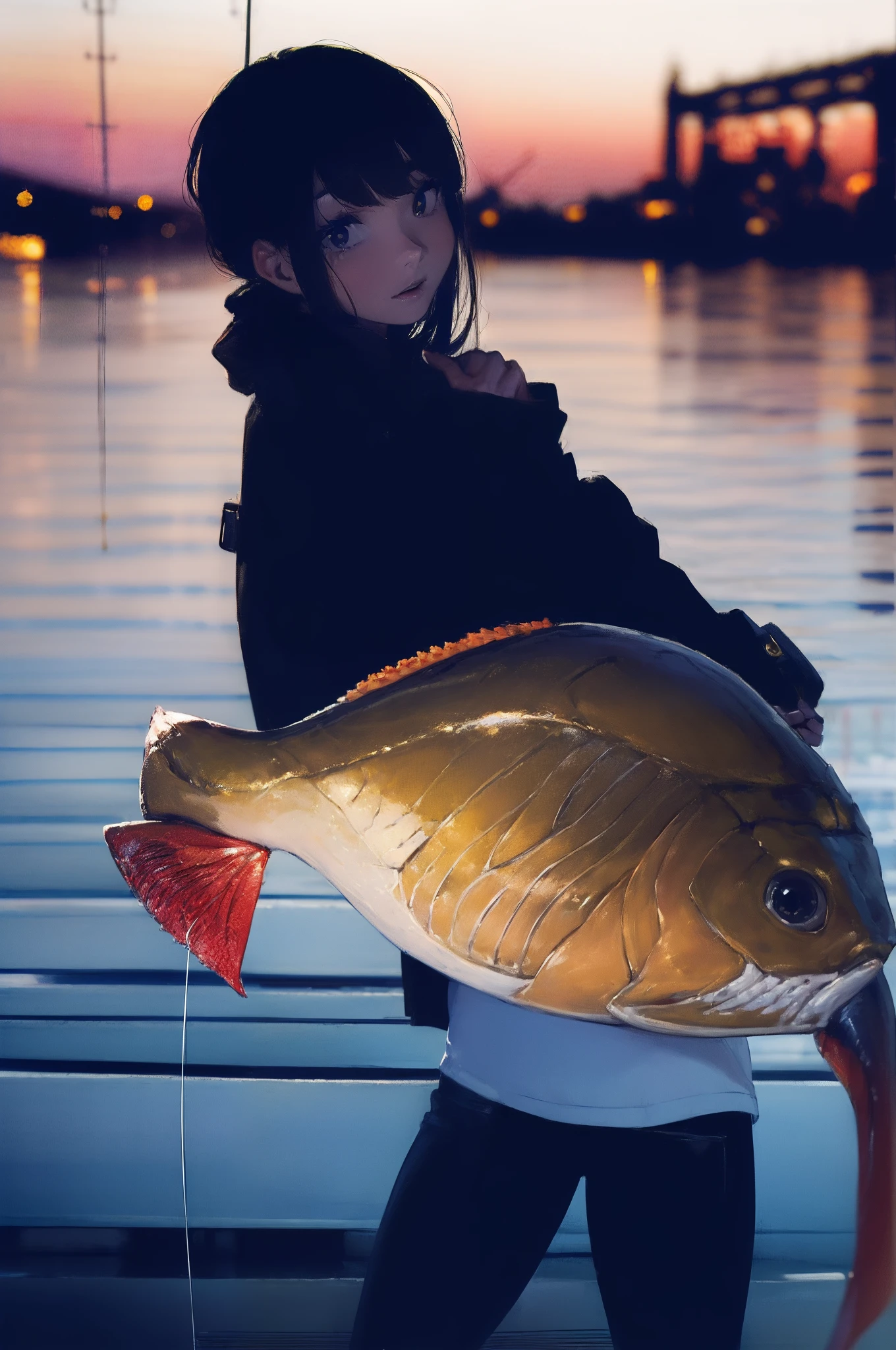 ((((catching a big fish by the lakeside:1.5)))),((Female 28 years old)),((Best Quality:1.5)),(((Hands with the correct number and structure of fingers:1.4))),((Big fish:1.37)),hight resolution,ultra-detailliert,​masterpiece,best qualtiy,(Eight-headed body),Black hair, long eyes-lashes, Solid Circle Eyes, drop shadow, Atmospheric perspective,Super Detail, ccurate, small brest,(Black jacket and black jeans :1.1),top-quality, blurry backround, bokeh dof:1.2, (​masterpiece:1.3),  Atmospheric perspective,Super Detail,dynamic compositions,