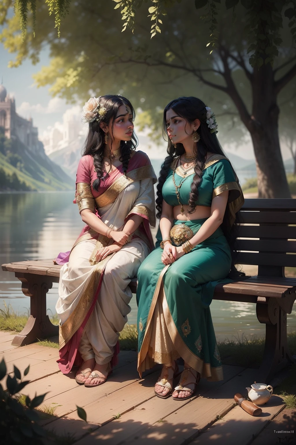 painting of two women sitting on a bench near a lake, realistic fantasy render, relaxing concept art, fantasy scene, calmly conversing 8k, 8k stunning artwork, beautiful render of a fairytale, fantasy art behance, (octane render) fantasy style, fantasy matte painting, cute, by Saurabh Jethani, 4k hd matte digital painting, beautiful digital artwork with Variations lakeside background with bench painting of a couple 5 to 6 of women's sitting on a bench and some of standing and talking each other with a peacock, cow by Raja Ravi Varma, indian art, by T. K. Padmini, hindu art, inspired by Raja Ravi Varma, ravi Varma, from mahabharata, beautiful depiction, palatial scene, inspired by T. K. Padmini