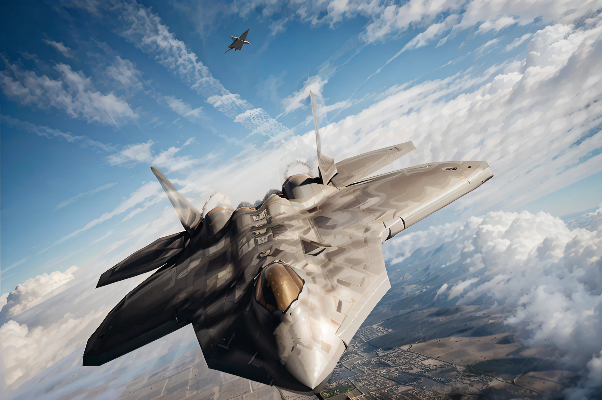 (F-22 Raptor airplane), (flying low over the city), Ultra high Definition Detail, Sharp Focus, (Photorealism), Realistic, Top Quality, 8K, Award-Winning Dramatic Lighting, Epic, Cinematic, Masterpiece, Rim Light, Depth of Field, Dutch Angle, Motion Blur