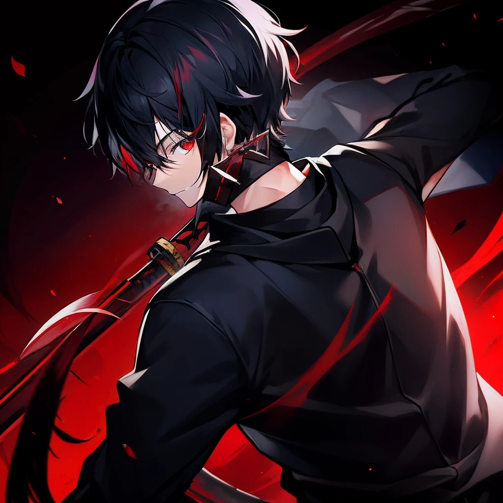 1 boy, black hair, red eyes, katana on back