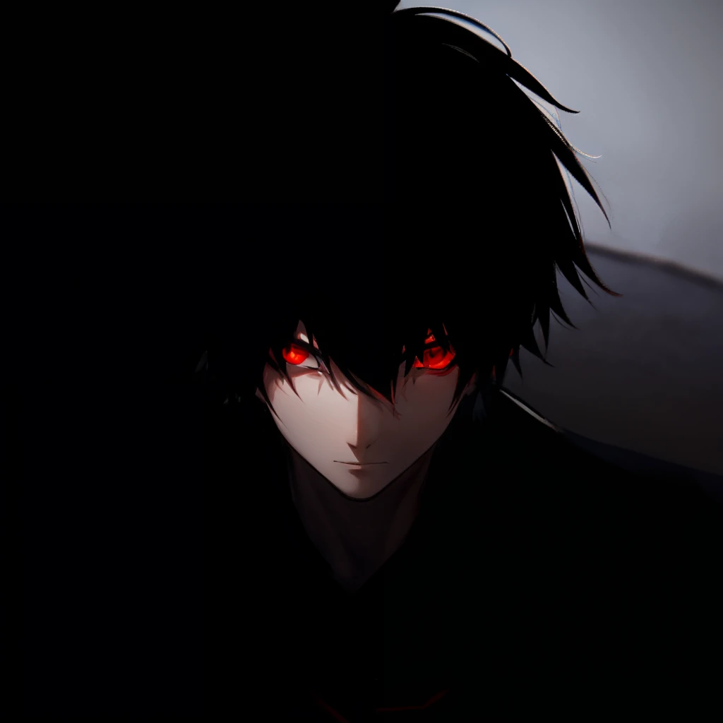 1 boy, black hair,  red eyes, katana on back