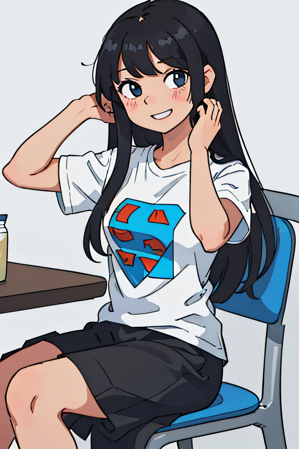 girl having long black hair and bangs, wearing a white shirt, sitting on a chair, ecstatic facial expression, ((she is super happy)), wearing blue t-tshirt