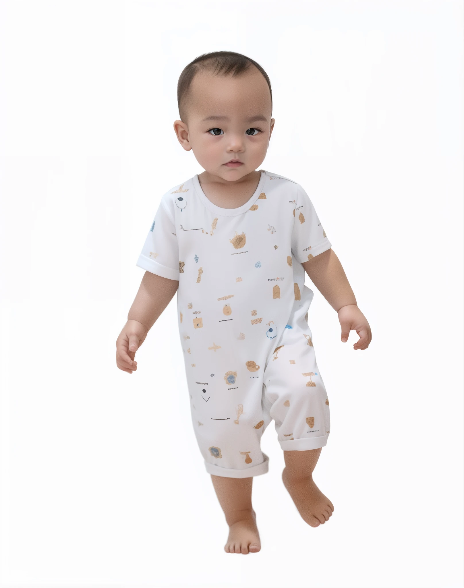 Allard  boy in white jumpsuit and blue shirt, toddrs, Cute b full - length view, short detailed hair，frontage，adolable, Adorable, zun, full body wide shot, full - length view, full - view, Short sleeves, rengen, Children,length view, full - length view, 3 6 0 p, frontage
