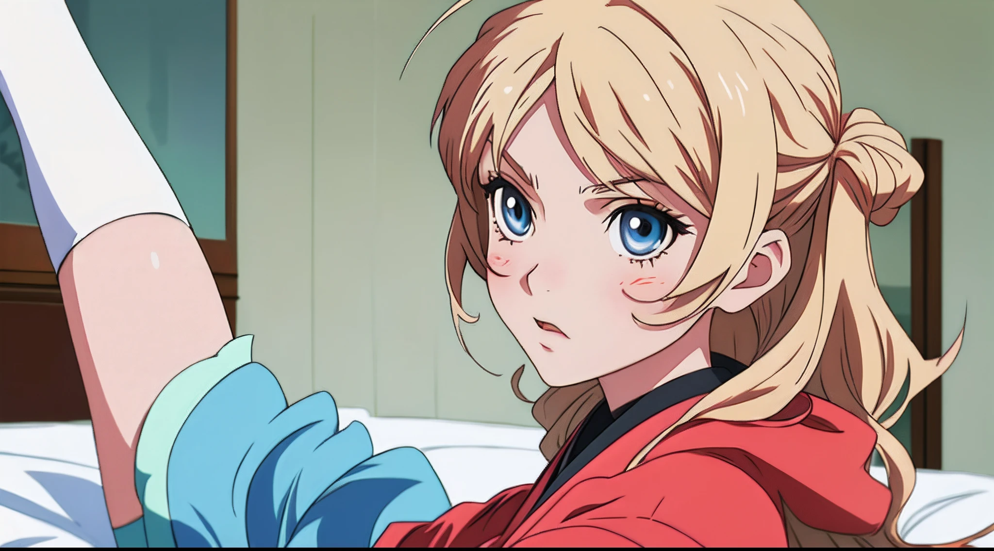 one-girl,get down on the bed,Anime style,exquisite facial features,Deep eyes,underdressing,White quintile stockings