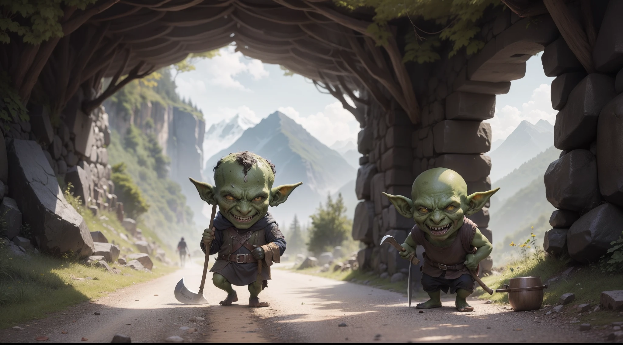 A very small Goblin,Holding an axe in his right hand,Walked a long mountain road,Finally returned to his home。There is a goblin mother at home,Brother Goblin,Papa Goblin。tmasterpiece。best qualtiy。
