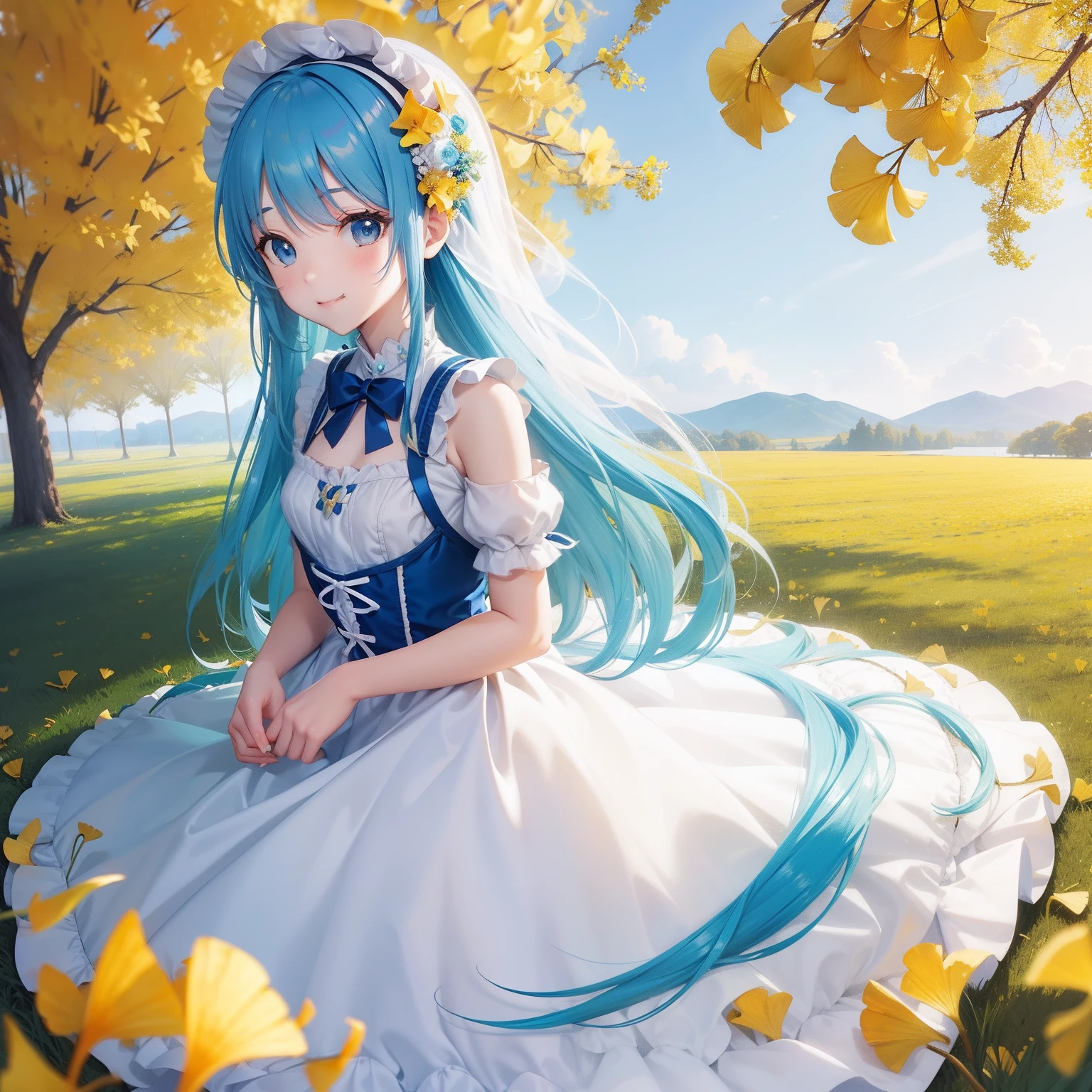 Rows of yellow ginkgo trees Pretty girl Blue hair long hair a smile White and blue Lolita dresses