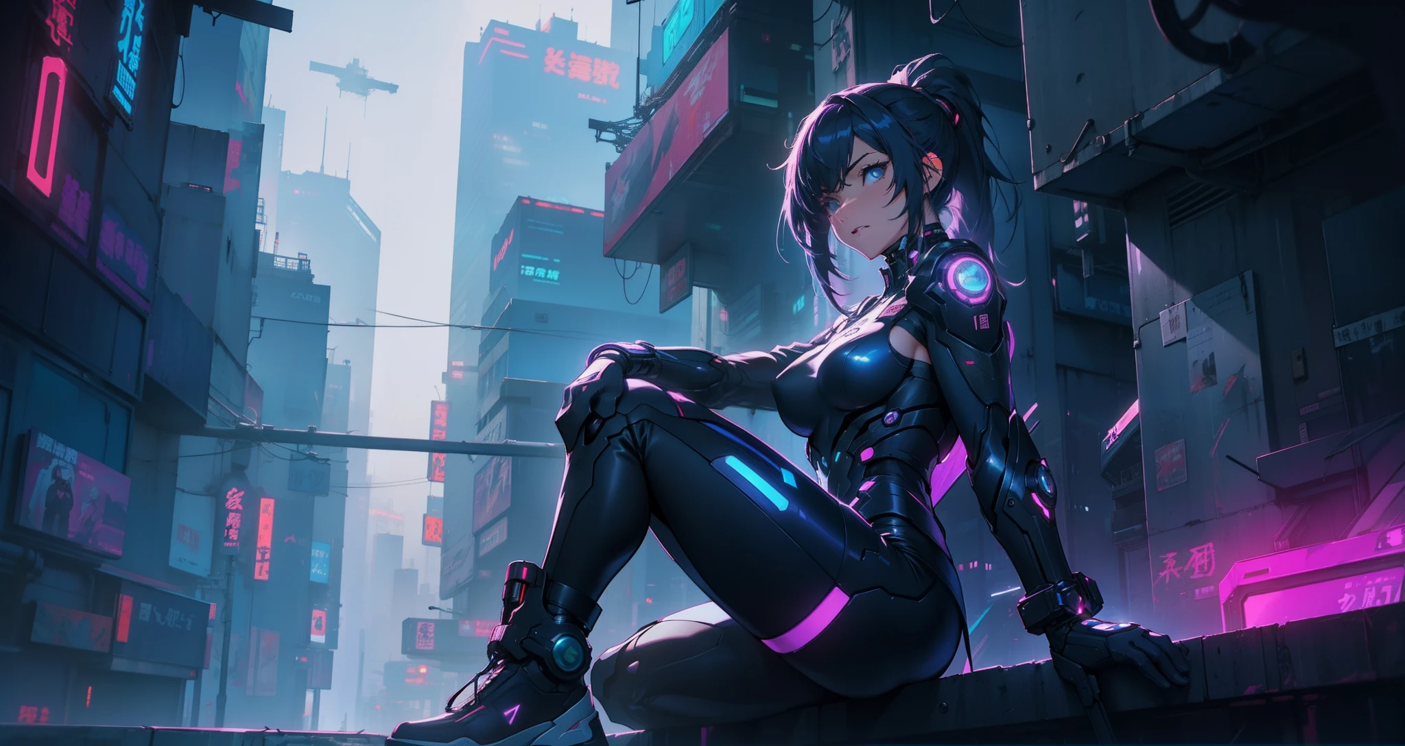 Cyber girl sitting on a ledge in the city at night。Cyberpunk anime art envelops her as digital worlds intersect。Modern cyberpunk art style illuminated by neon lights、It depicts a fusion of an anime girl and a mecha.。This art with a cyberpunk theme is、Feel like a dreamy future。With the scenery of a cyberpunk city lined with skyscrapers、Her presence is enchanting,、It seems to be wrapped in a mysterious magic。