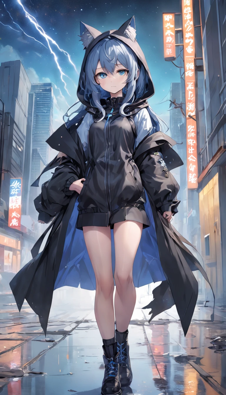 (extremely detailed CG unity 16k wallpaper:1.1), (Denoising strength: 1.45), (tmasterpiece:1.37), (Full body posing:1.4:), whole-length, Dynamic angle, starry sky, lifelike texture, side lighting, (ultra detailed:1.5), ((disheveled hair)), (1girl), solo, ambiguous gender, animal ears, artist name, black footwear, black gloves, black pants, black ribbon, blue coat, blue hair, boots, building, bulletproof vest, cat ears, cattail, caution tape, A broken building, character name, city, cityscape, cloud, cloudy sky, coat, corpse, crane (machine), crystal, cuts, eyelashes, gloves, green eyes, grey coat, hood, hood down, hood up, hooded coat, impaled, injury, keep out, ladder, leg ribbon, lightning, long hair, looking up, mask, meteor, open clothes, open coat, outdoors, pants, parted lips, railing, rain, ribbon, rooftop, sidelocks, sky, skyscraper, tail, very long hair, (Heavy rains), Negative prompt, Smooth reflection, (specular reflection), (delicate an, ((illustration)), sparkle, glowing light, ray tracing, ((masterpiece)), (((best quality))), UHD