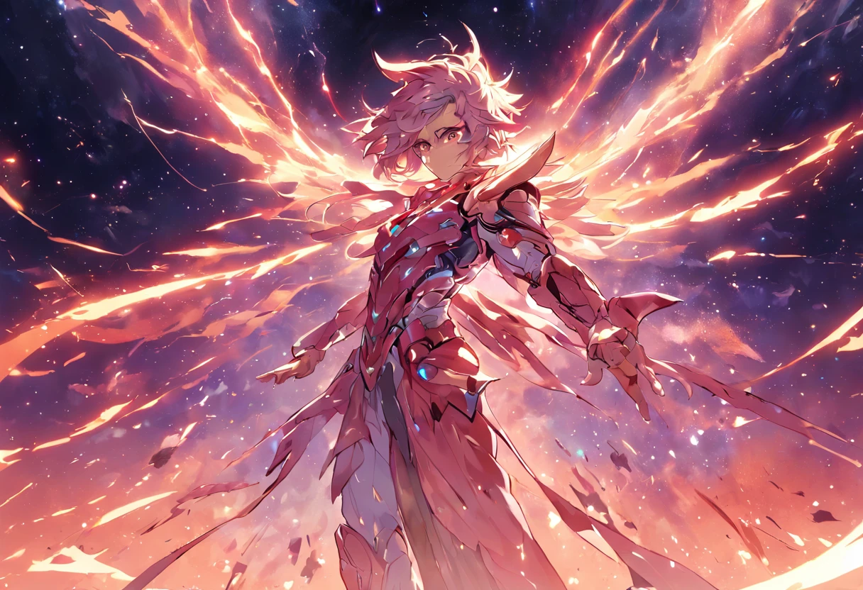 Star Warrior, Cool cosmic warrior image, Tough look, High-tech equipment, Great power, Cool special effects, Action-packed battle scenes, Wars and explosions in space, Engaging storyline, Brilliant light and shadow effects,Powerful sound。