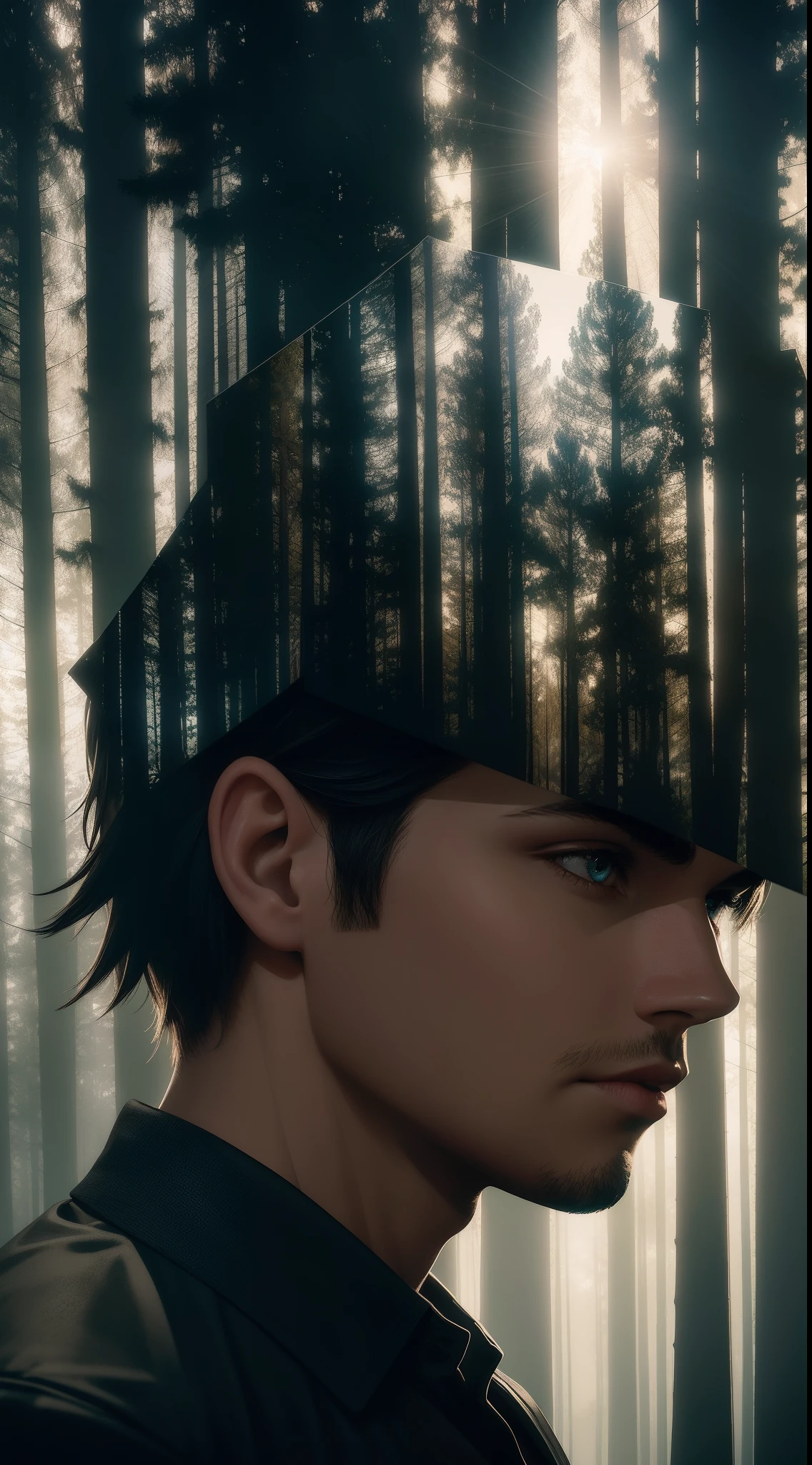 Cinematic style, double exposure portrait::1.5, Blend in with the forest landscape, Emphasized eyes, high key lighting::3, Overlay textures, The hues of the Twilight Zone, Strong contrast, Focus on texture, Simulate the atmosphere, Resonates with the style of Gregory Cruderson