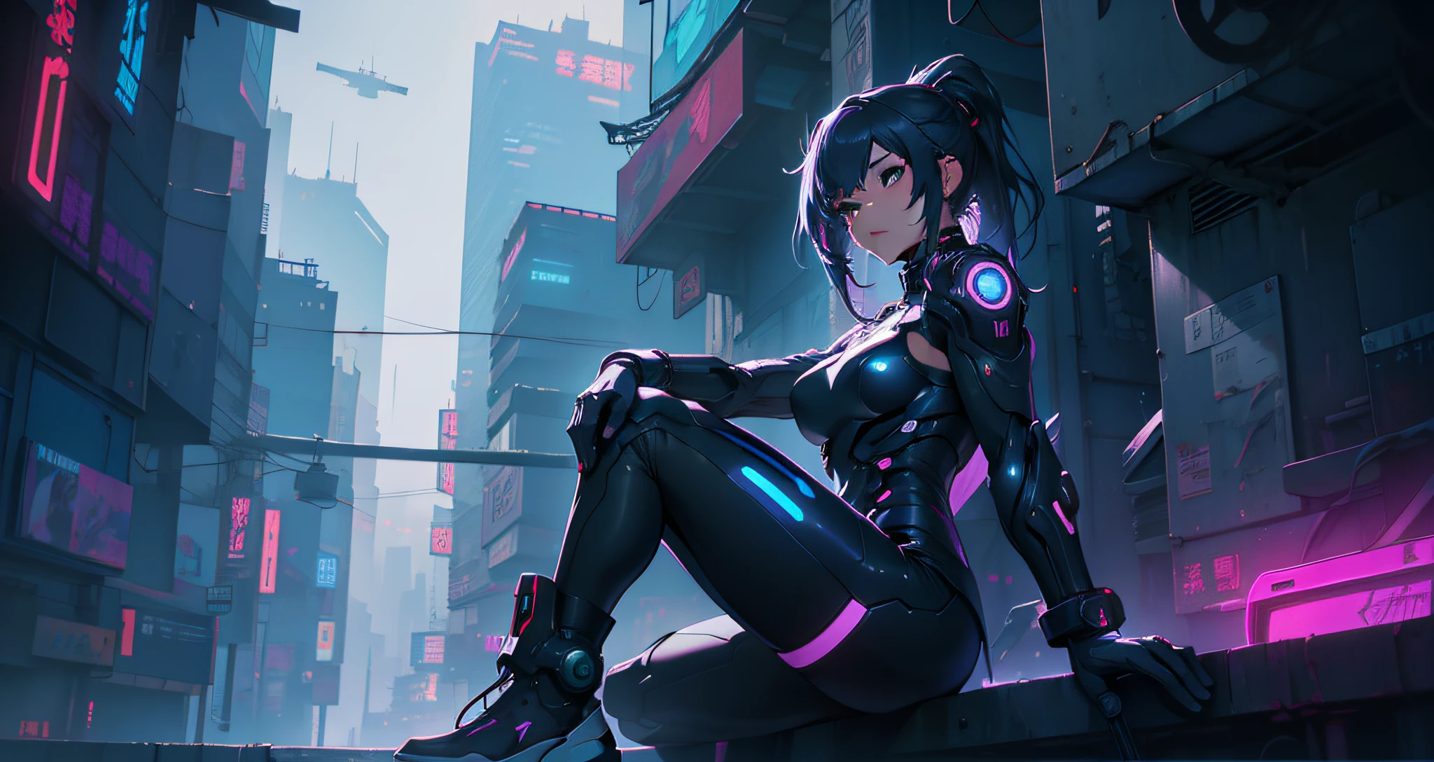 Cyber girl sitting on a ledge in the city at night。Cyberpunk anime art envelops her as digital worlds intersect。Modern cyberpunk art style illuminated by neon lights、It depicts a fusion of an anime girl and a mecha.。This art with a cyberpunk theme is、Feel like a dreamy future。With the scenery of a cyberpunk city lined with skyscrapers、Her presence is enchanting,、It seems to be wrapped in a mysterious magic。