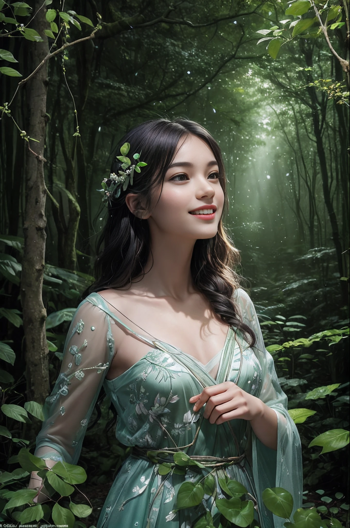 of the highest natural beauty, masterpiece of the wilderness, Ultra High Resolution like the tiniest dewdrops on a leaf, (Photorealistic: 1.4), Untouched snapshot of the night sky, Ebony locks resembling a raven's feathers, Skin as glossy as fresh morning dew, 1 Enchanted Nymph, (superbly realistic features)), Full blossoming form, Universal Radiance, Harmony of light and shadow, Forest Canopy Rendering, 8K, ultrasharp like the thorns of a rose, Revealed bosom like a blooming flower, Unprocessed earthy texture, Organic elements, Elaborate foliage patterns, Nature's intricate designs, Sunlight painted by the hand of Mother Nature herself, Trends in Natural Artistry, Gazing towards the horizon, Bioluminescent details, Organic limbs that blend seamlessly with the forest, Rivers of life running through vines, Natural backbone connected to the ancient tree, Leafy cervical attachment to the trunk, Vines and roots intertwining with the spirit, Tiny firefly lanterns illuminating the path, Silver threads of moonlight, Eyes as round and deep as forest pools, Magnificent iris resembling a kaleidoscope of colors, Joyful smile that lights up the forest, Summer attire woven from petals, Enchantress of the woodland, Dynamic presence like the wind through the trees. Sexy pose