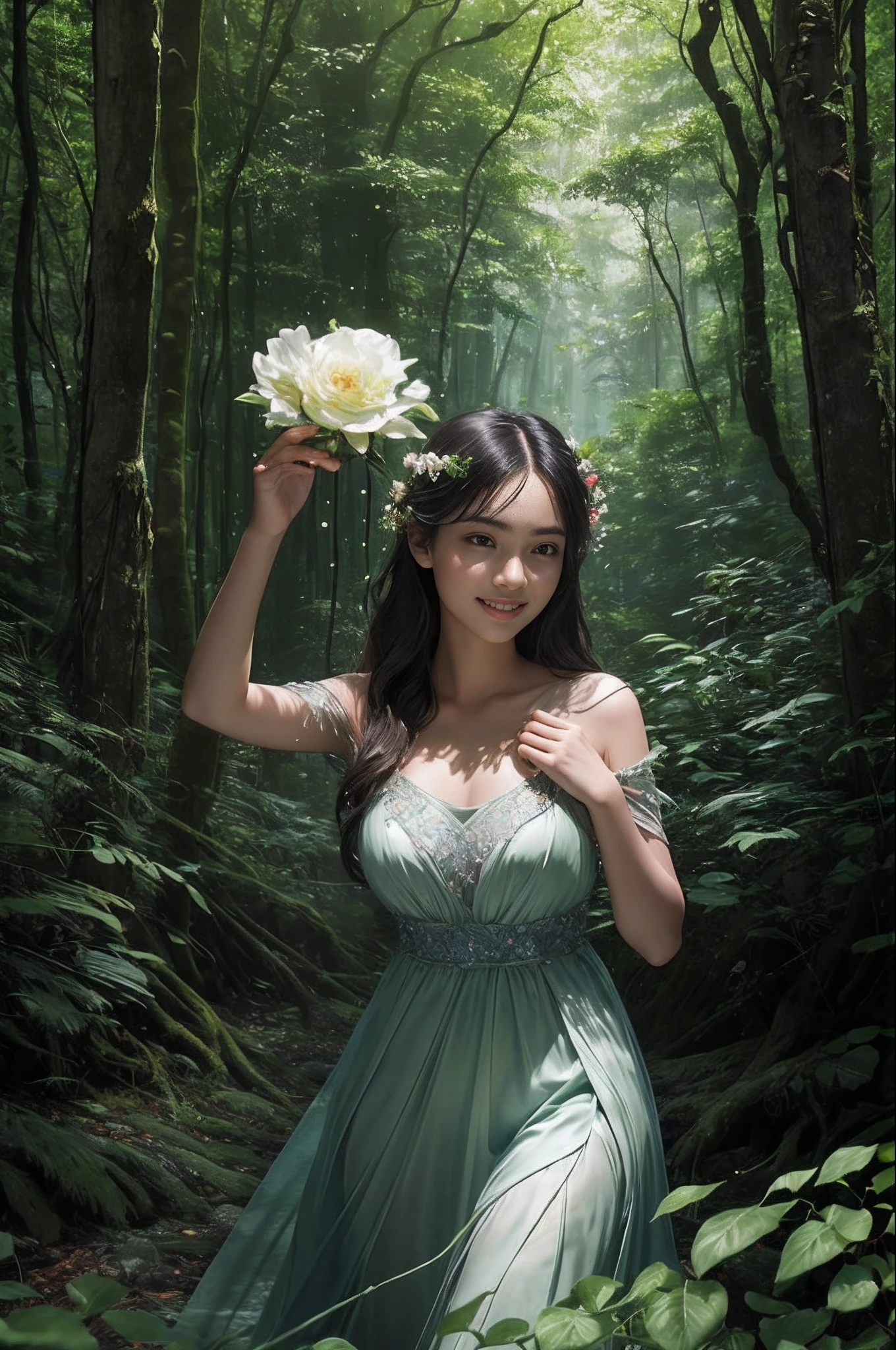 of the highest natural beauty, masterpiece of the wilderness, Ultra High Resolution like the tiniest dewdrops on a leaf, (Photorealistic: 1.4), Untouched snapshot of the night sky, Ebony locks resembling a raven's feathers, Skin as glossy as fresh morning dew, 1 Enchanted Nymph, (superbly realistic features)), Full blossoming form, Universal Radiance, Harmony of light and shadow, Forest Canopy Rendering, 8K, ultrasharp like the thorns of a rose, Revealed bosom like a blooming flower, Unprocessed earthy texture, Organic elements, Elaborate foliage patterns, Nature's intricate designs, Sunlight painted by the hand of Mother Nature herself, Trends in Natural Artistry, Gazing towards the horizon, Bioluminescent details, Organic limbs that blend seamlessly with the forest, Rivers of life running through vines, Natural backbone connected to the ancient tree, Leafy cervical attachment to the trunk, Vines and roots intertwining with the spirit, Tiny firefly lanterns illuminating the path, Silver threads of moonlight, Eyes as round and deep as forest pools, Magnificent iris resembling a kaleidoscope of colors, Joyful smile that lights up the forest, Summer attire woven from petals, Enchantress of the woodland, Dynamic presence like the wind through the trees. Sexy pose