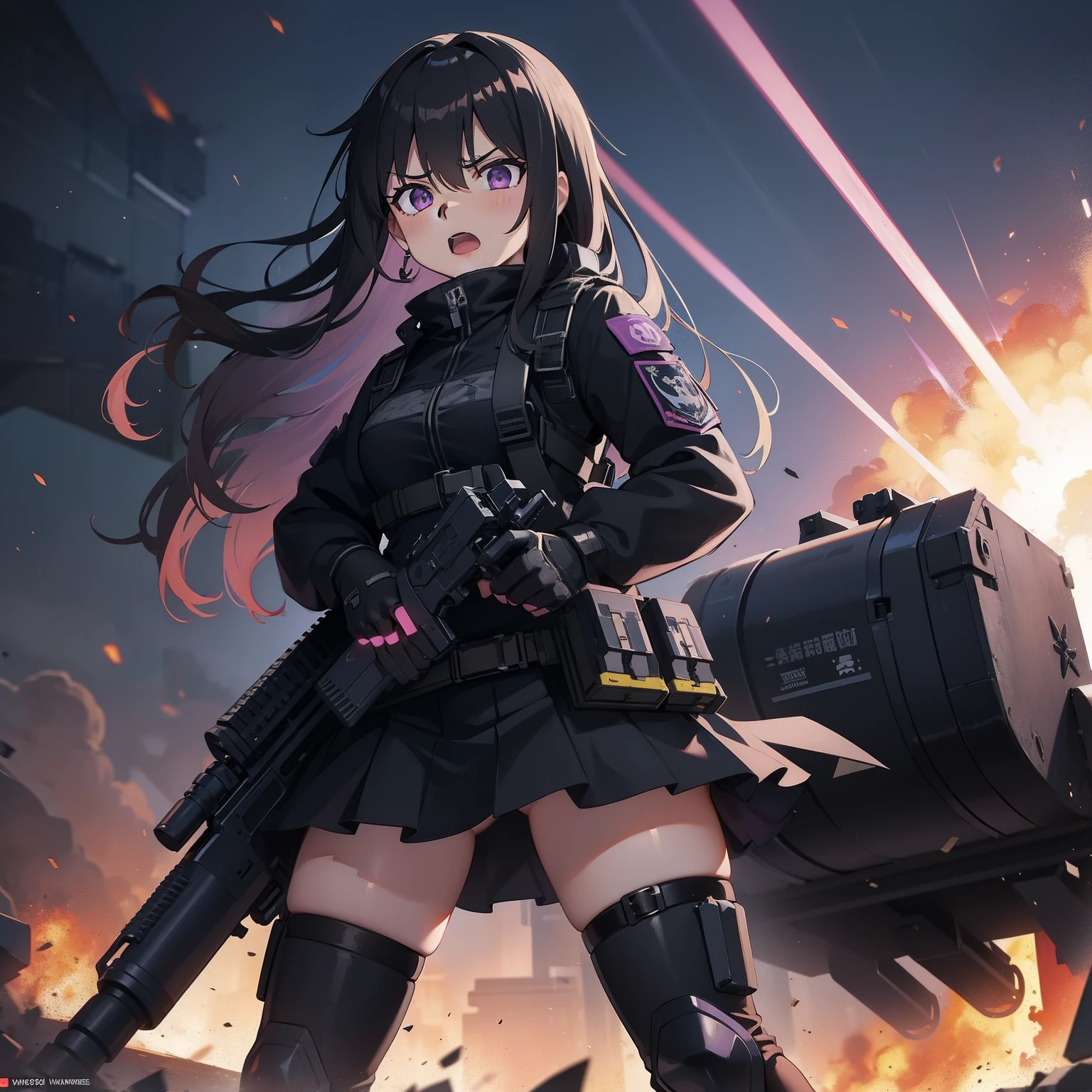 1girl, tactical black helmet, purple headset, purple eyes, grunting, black long messy hair, black camo uniform, black shoulder pads, black tactical vest, black armor pads, black handgun holster, black tactical socks, holding a handgun, bullets, stance, holding tactical radio, black skirt, angry, stressed, situation, armed, barricade, shooting, bullet rain, fire, explosion, open mouth, shout, heavy armored team positioned, RAILGUN, Electromagnetic Cannon, Large Railgun, LASER GUN, Large Laser Cannon, Glowing Gun, artillery