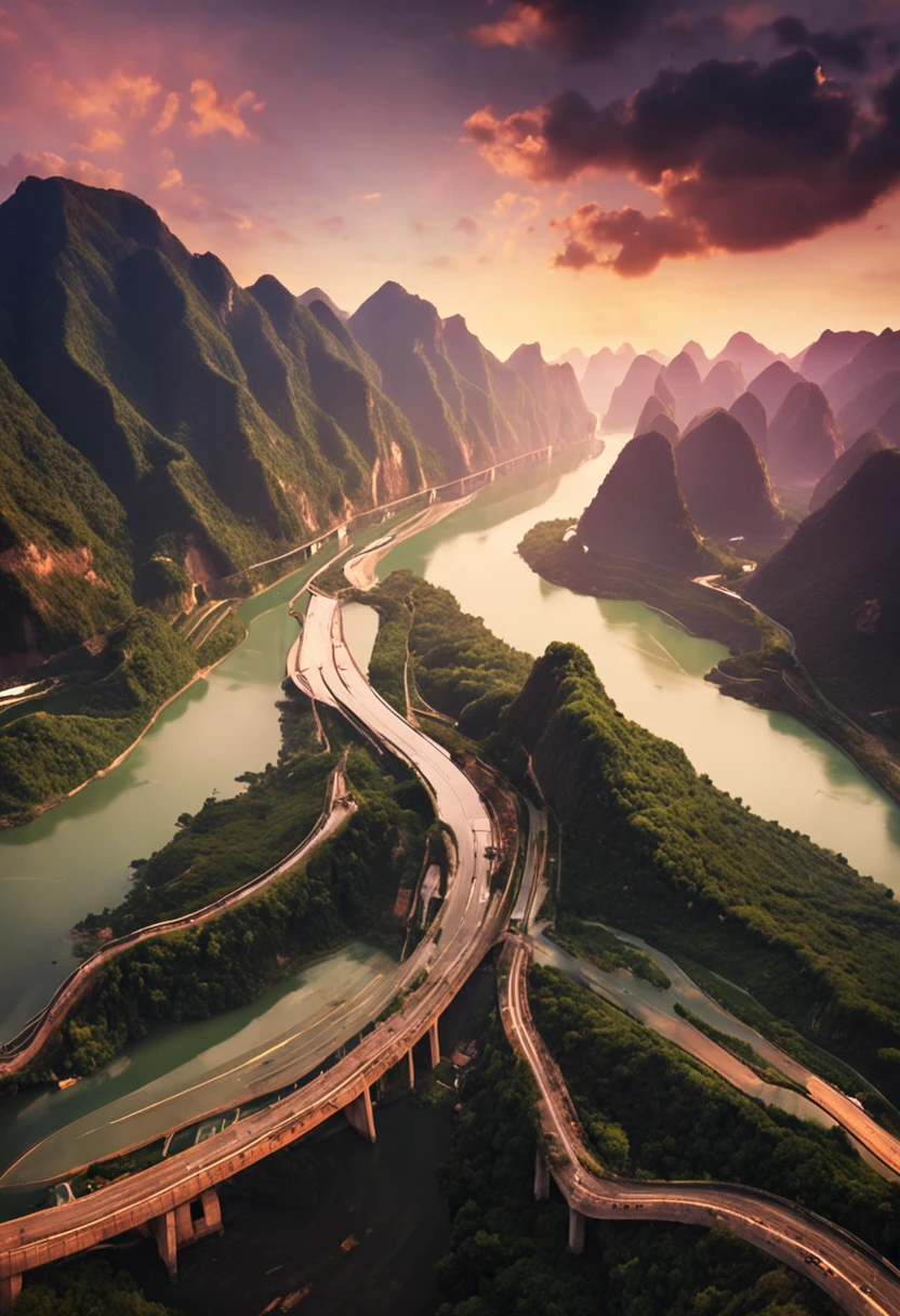 The curved Yangtze River,aerial shot,Golden,k hd,Overlooking,Far Mountain