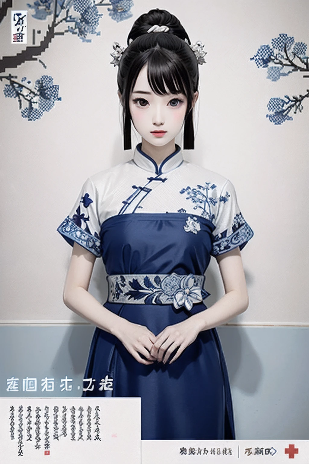 Blue and white porcelain style,hanfugirl,ancient china art style, Pixel art #pixelart