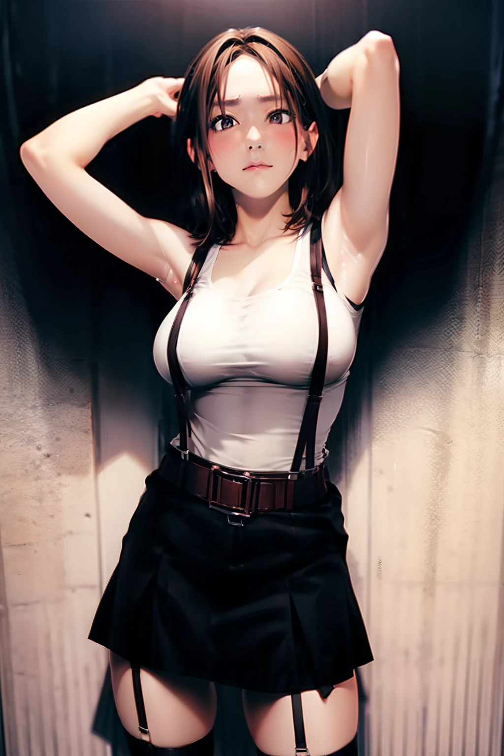 Black skirt, Tank Tops　suspenders, Brown hair Gray eyes, Garter belt on the legs, Tight clothes, 　　 a belt　Armpit sweat　　deadpan　large full breasts　short-cut