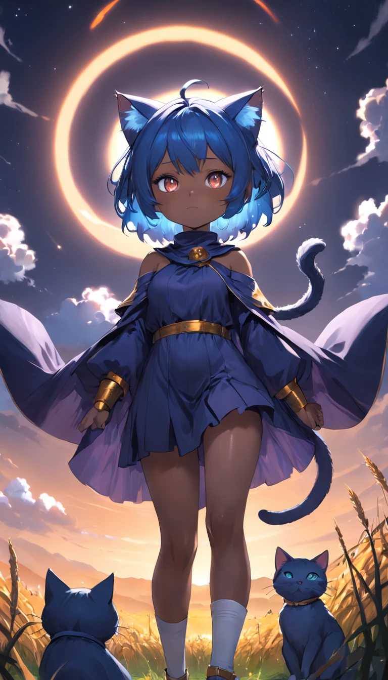 (extremely detailed CG unity 16k wallpaper:1.1), (Denoising strength: 1.45), (tmasterpiece:1.37), (Full body posing:1.4:), whole-length, Dynamic angle, starry sky, lifelike texture, side lighting, 1 girl, (cat girl), , [deep skin|dark skin], dark orange eyes, glowing eyes, slit pupils, (blue hair), short hair, bangs, (whiskers), [maroon cat sunhat|cat ears], (hat bow:1.35), long purple scarf, flat chest, (closed firebrick robe), wide sleeves, sleeves past wrists, (sleeves past fingers), (leggings:0.85), (cat tail:0.6), looking to the side, dynamic angle, no light, (dark wheat field), in field, (fireflies:0.65), wide view, (night:1.2), (black sky), cloud, cirrus, (single high tower at far distance), illustration, cowboy shot, sparkle, glowing light, ray tracing, ((masterpiece)), (masterpiece), best quality, UHD  [(lateral view)|(back view:1.35)] [(dark shadow:1.2)|greyscale]