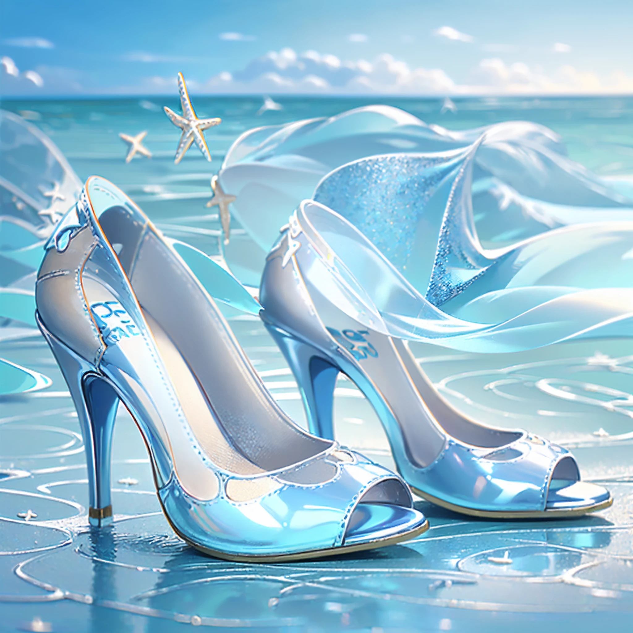 A pair of high heels，without humans，(Top resolution:1.5),  (Top image quality:1.5), Close-up of a pair of shoes on a shiny surface, slightly holographic, fairy tale style background, made in adobe illustrator, Magical items, holograph, illustration!, (Blue and white high heels:1.7), Transparent heels。(The background is the seaside:1.6)